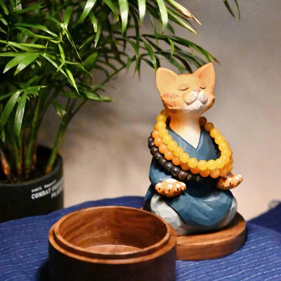 The Mindful Cat: Artisan Hand-Carved Wooden Figurine in Tranquil Blue Robe