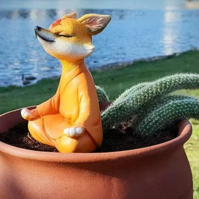Whimsical Happy Fox Buddha Figurine 