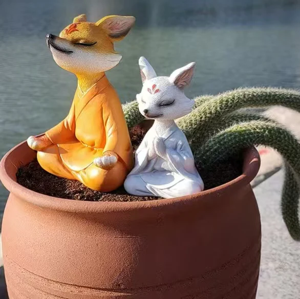 Whimsical Happy Fox Buddha Figurine 