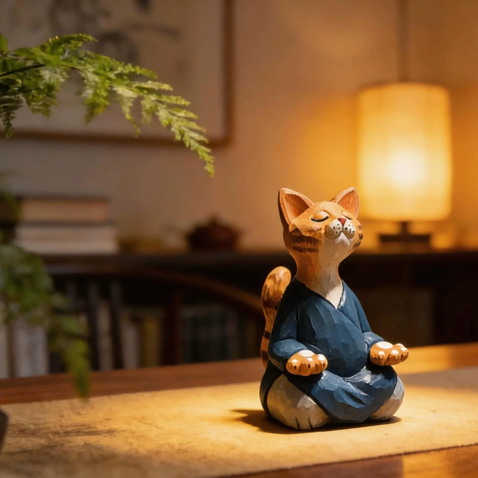 The Mindful Cat: Artisan Hand-Carved Wooden Figurine in Tranquil Blue Robe