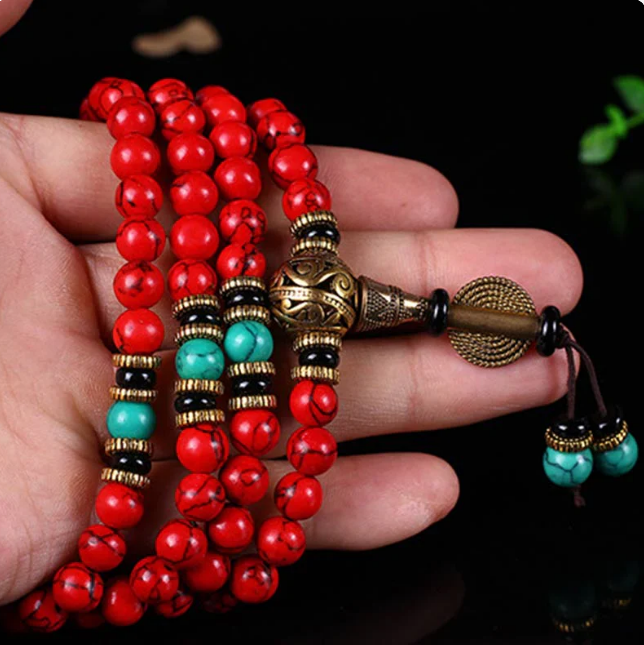 108 Mala Beads - Faux Turquoise “Inner Fire” Necklace & Wrap Bracelet