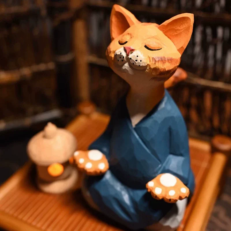 The Mindful Cat: Artisan Hand-Carved Wooden Figurine in Tranquil Blue Robe