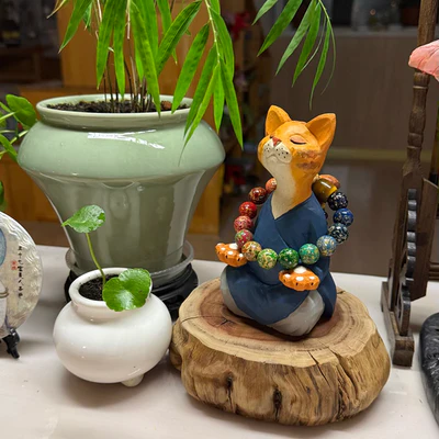 The Mindful Cat: Artisan Hand-Carved Wooden Figurine in Tranquil Blue Robe