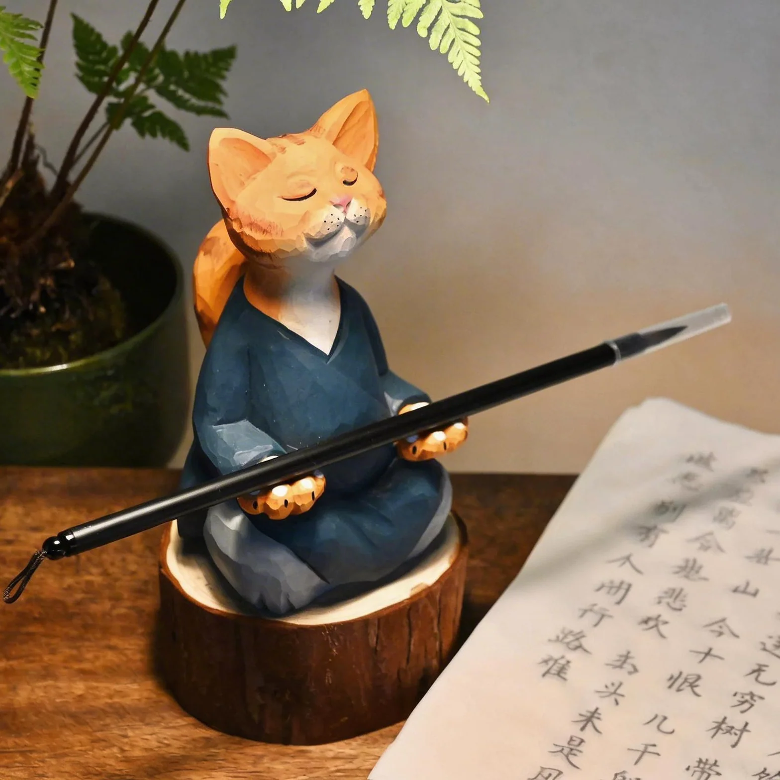 The Mindful Cat: Artisan Hand-Carved Wooden Figurine in Tranquil Blue Robe