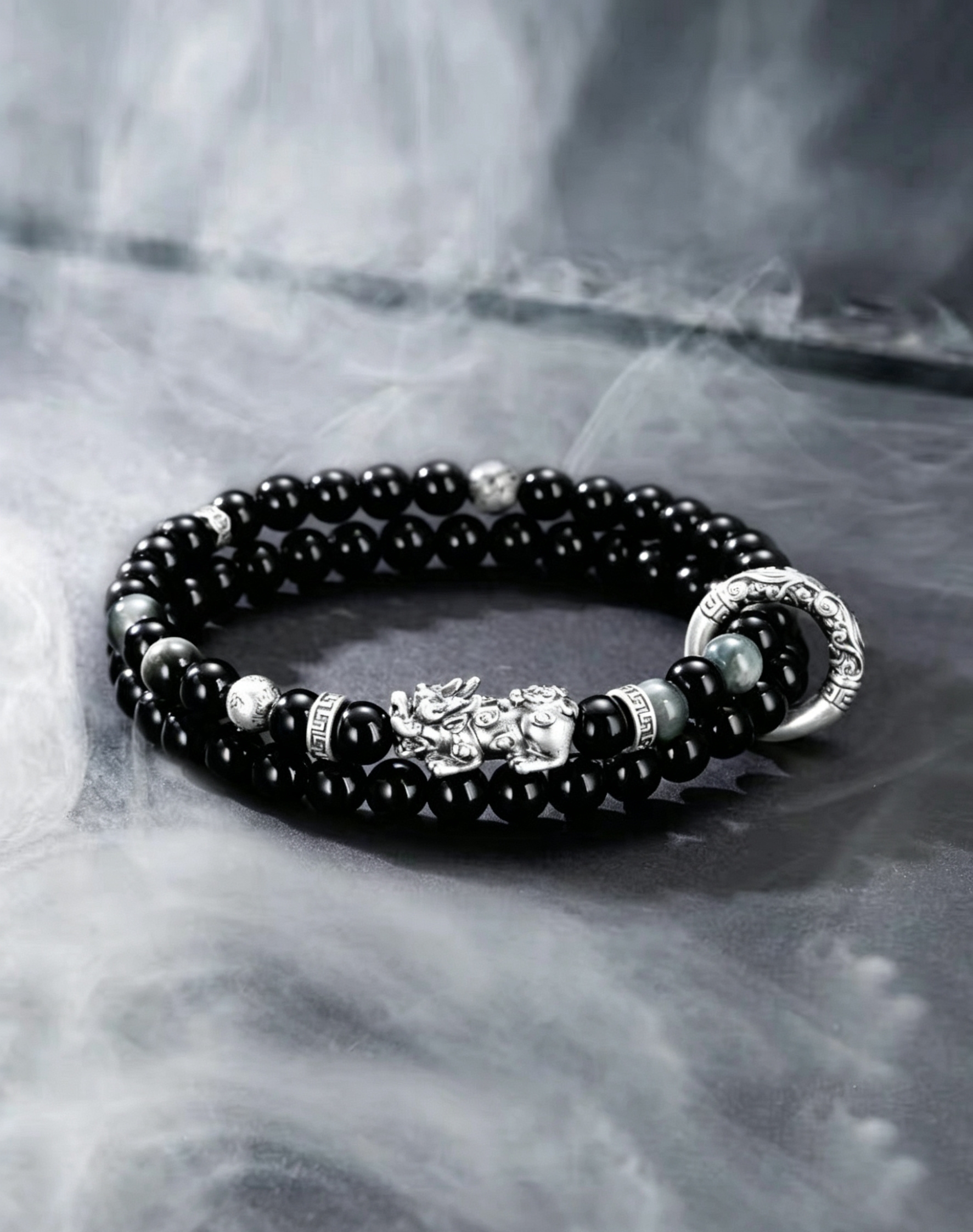 Obsidian Sterling Silver Pixiu Bracelet