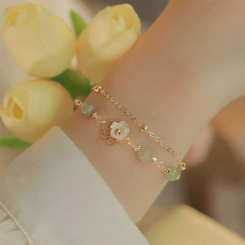 Hetian Jade Gold-Plated Flower & Butterfly Bracelet