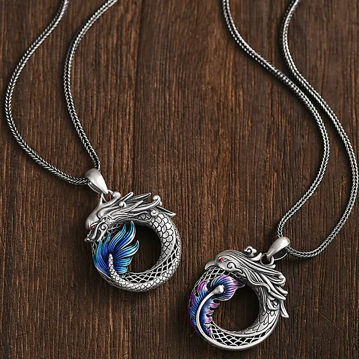The Infinite Bond – 999 Fine Silver Dragon & Phoenix Pendant Necklace with 21.6 inches Chain