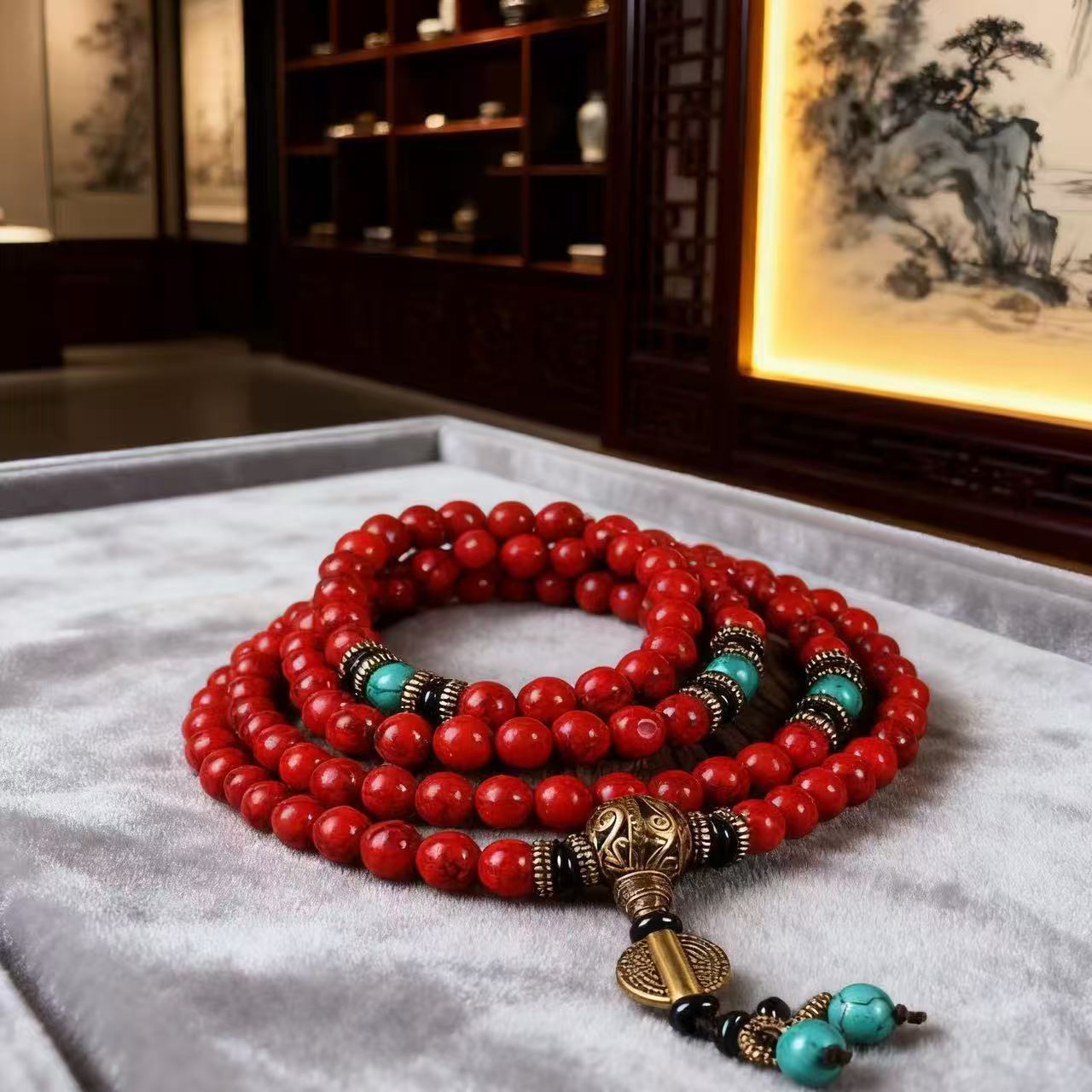 108 Mala Beads - Faux Turquoise “Inner Fire” Necklace & Wrap Bracelet