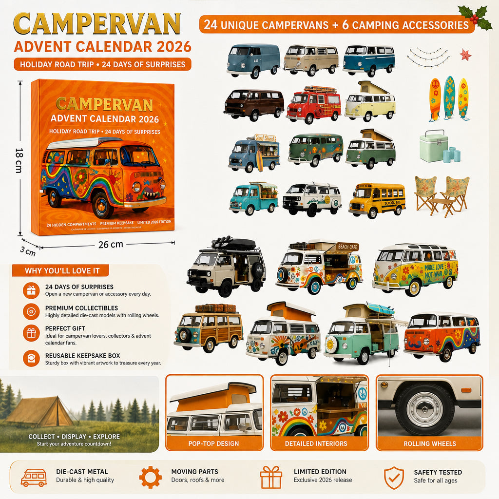 🔥 LIMITED-TIME 50% OFF🚐 —2026 Campervan Advent Calendar – 24 Vintage Mini Camper Van Collectible Figurines