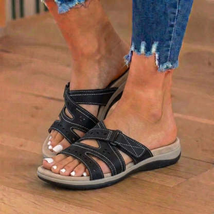 Orthopedic Suede Slide Sandals - Perforated Cutout & Velcro Closure