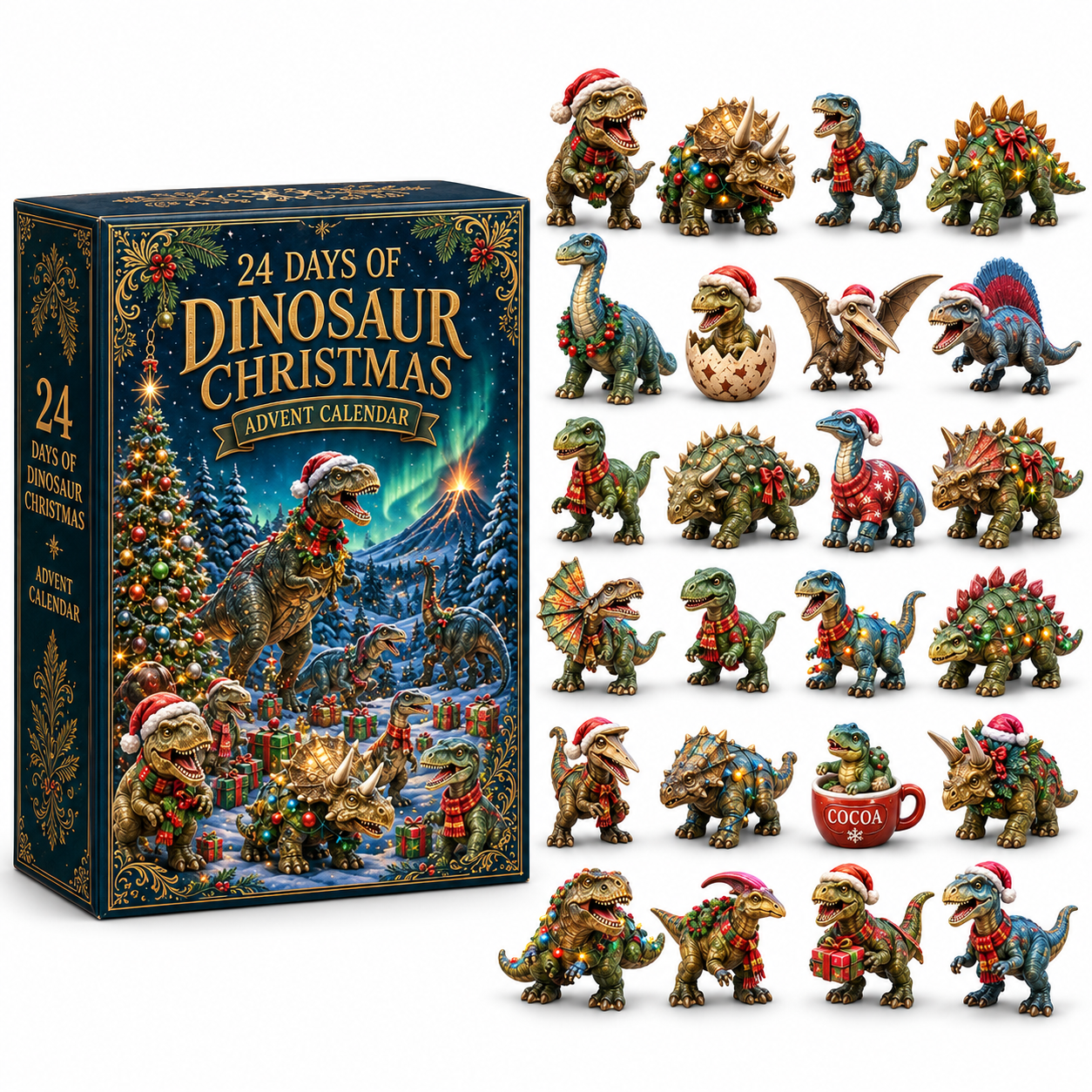 2026 Dinosaur Christmas 24-Day Countdown Calendar – 24 Unique Festive Dinosaur Miniatures