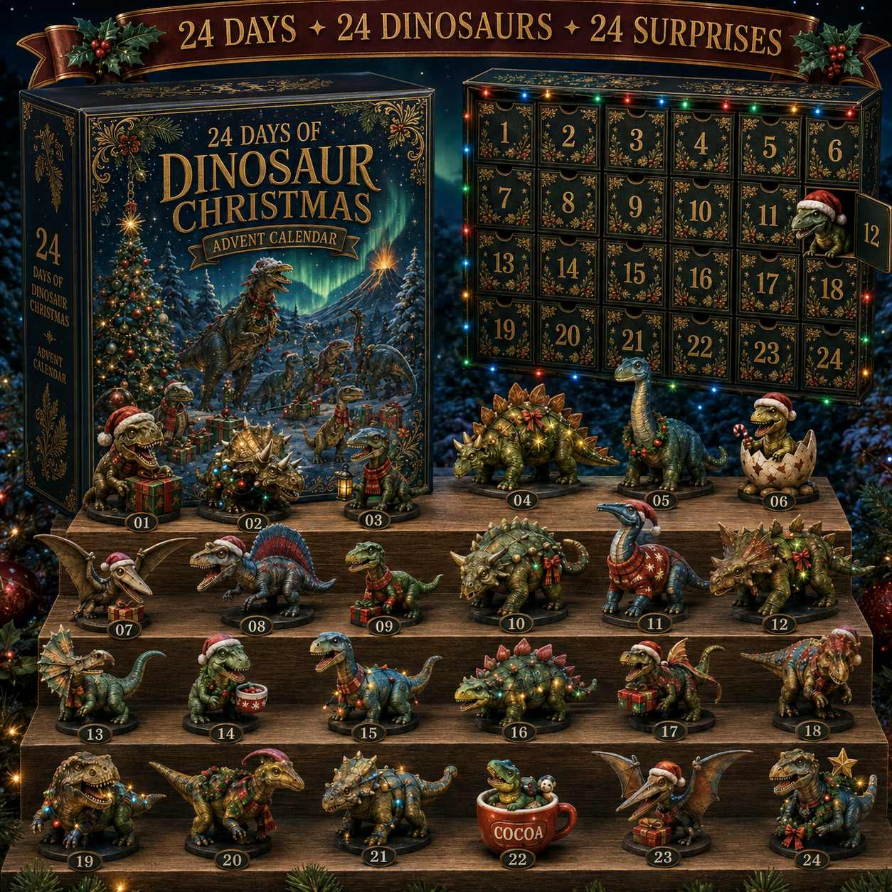 2026 Dinosaur Christmas 24-Day Countdown Calendar – 24 Unique Festive Dinosaur Miniatures