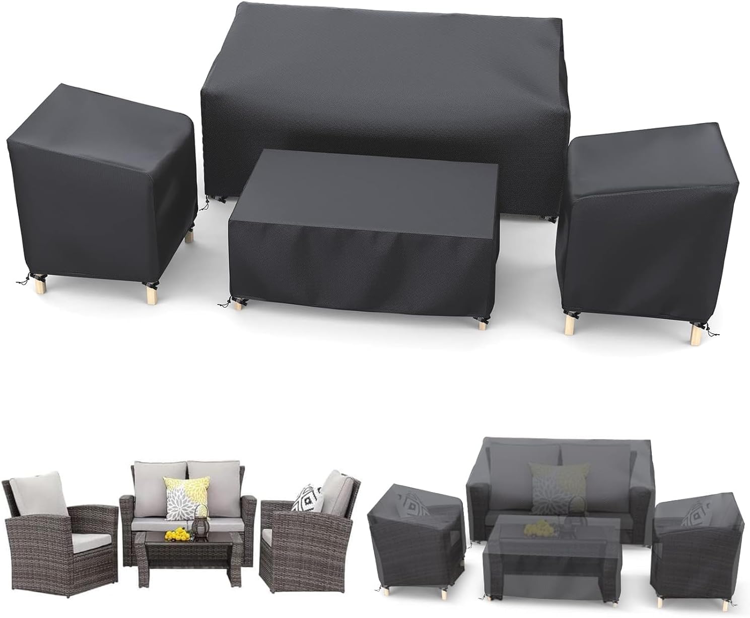 Heavy Duty 600D Patio Furniture Covers 4-Piece Set for Loveseat, Chairs and Coffee Table, Outdoor Waterproof