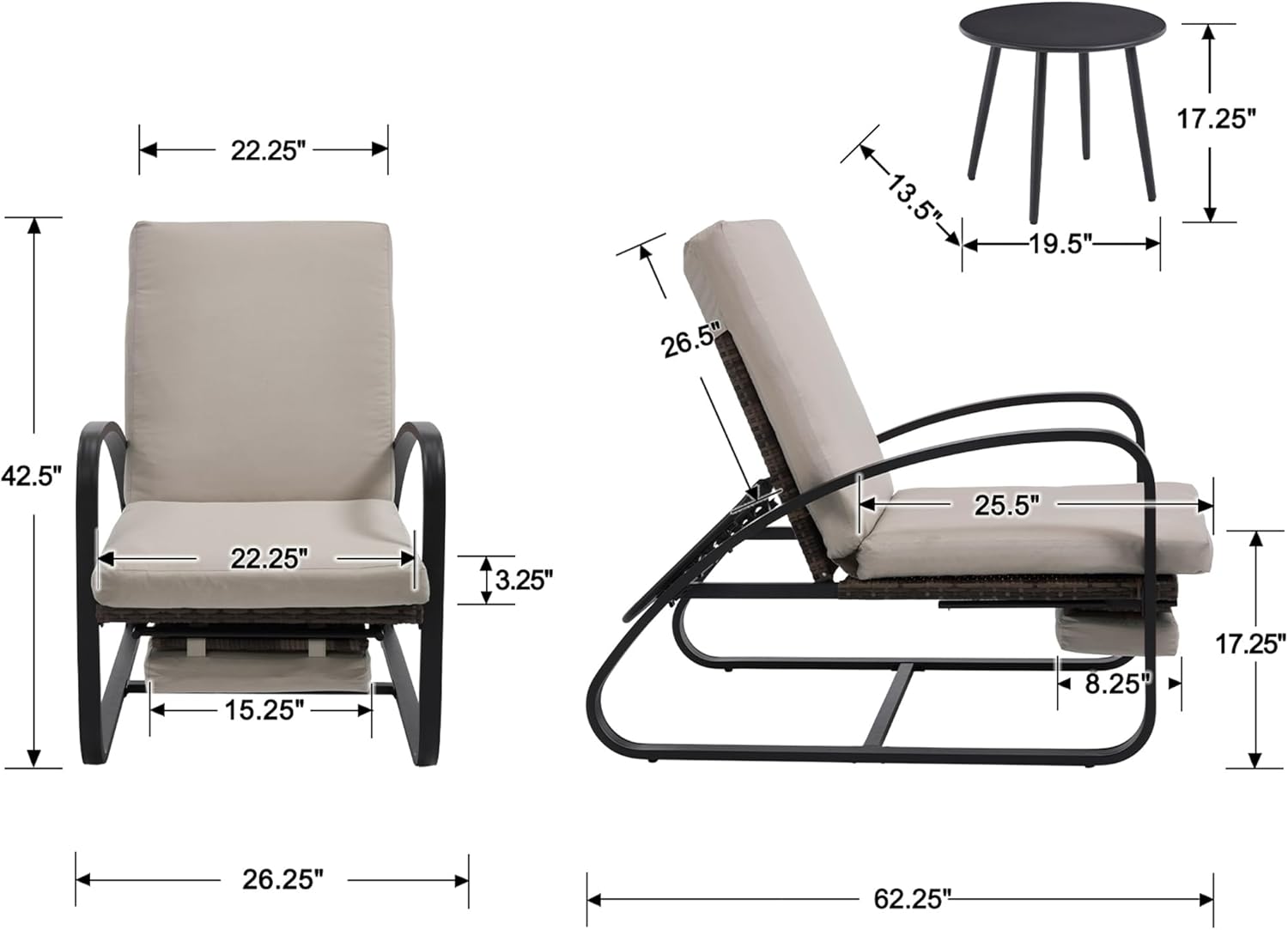 3 Piece Patio Furniture Set, Modern Patio Chaise Lounge Chairs, 5-Position Adjustable Bistro Set Balcony Furniture