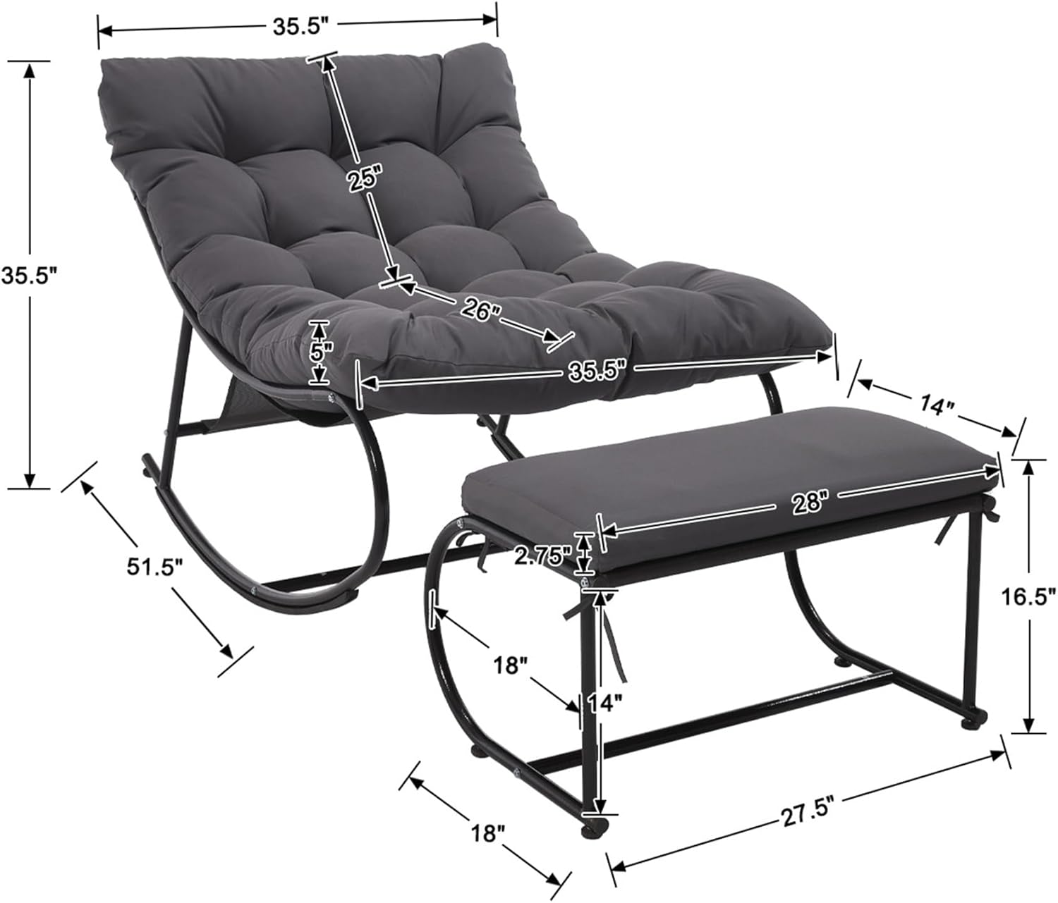 Upholstered Outdoor Rocking Chairs, Modern Patio Rocking Chair Set of 2 with Foot Rest