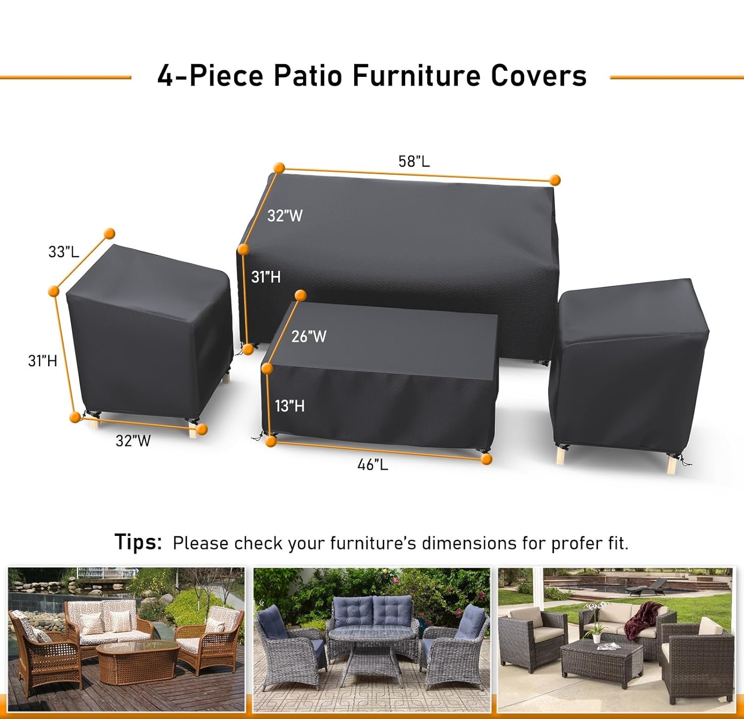 Heavy Duty 600D Patio Furniture Covers 4-Piece Set for Loveseat, Chairs and Coffee Table, Outdoor Waterproof