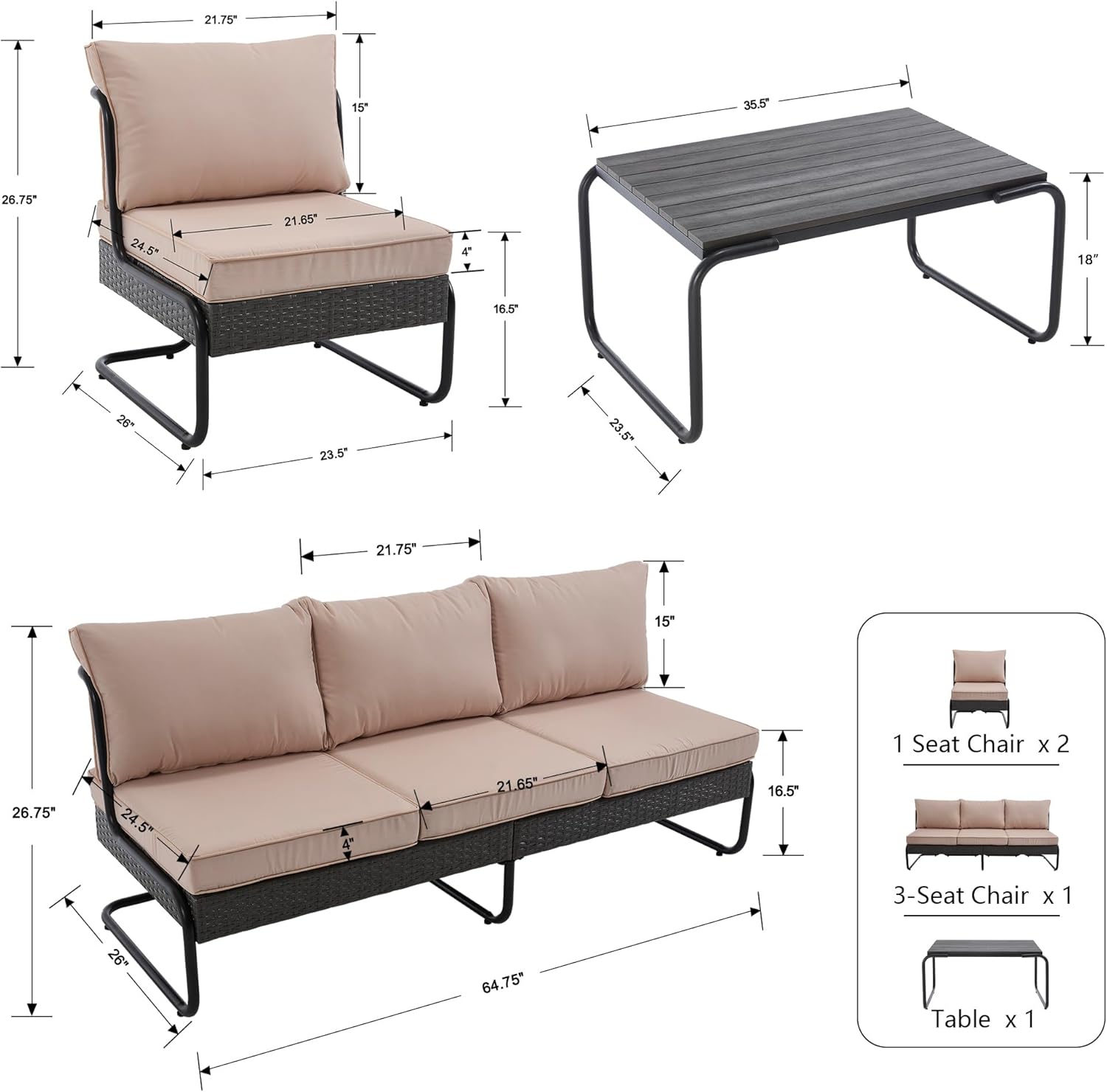 4 Piece Patio Furniture Set, Modern Patio Conversation Set for 5, All Weather Bistro Furniture Set
