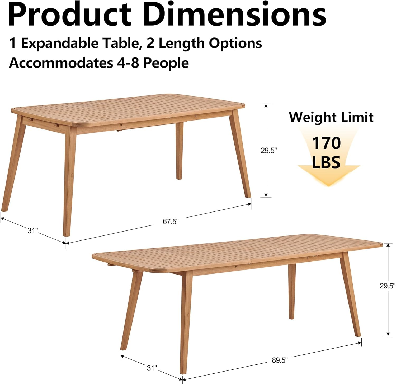 Outdoor Extendable Dining Table, Weather-Resistant Wood Patio Dining Table for 6-8 Person