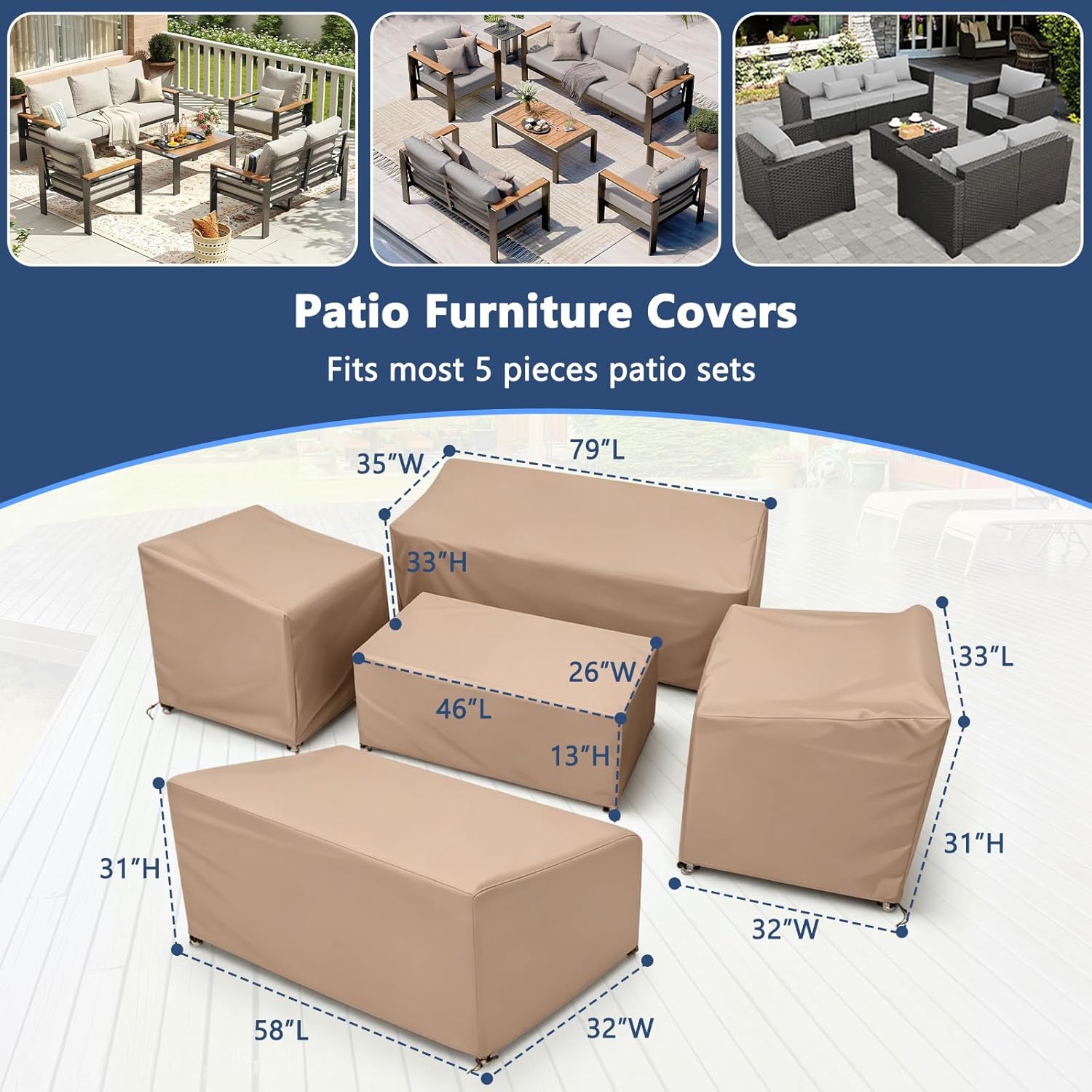 Patio Furniture Cover Set, 5 Piece Outdoor Furniture Cover Waterproof, Heavy Duty Lawn Patio Set Covers