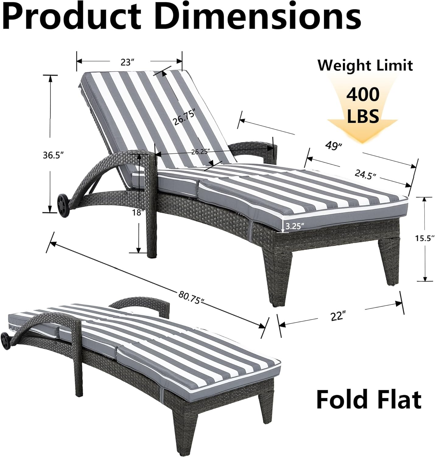 Chaise Lounge Chairs Set of 2, Upholstered 5-Positions Adjustable Pool Loungers