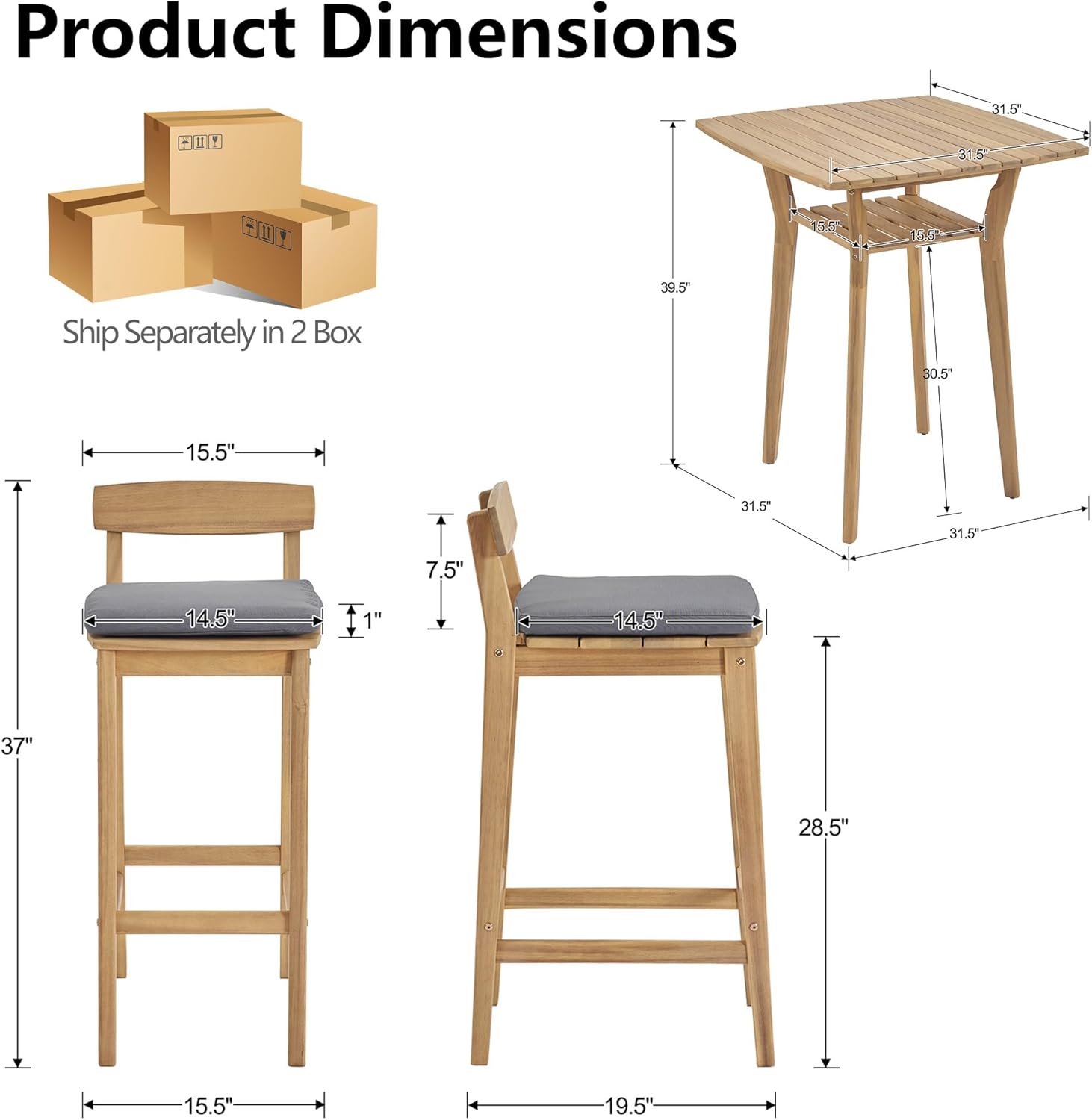 3 Piece Outdoor Patio Bar Set, Modern Patio Furniture Set, Acacia Counter Height Barstools
