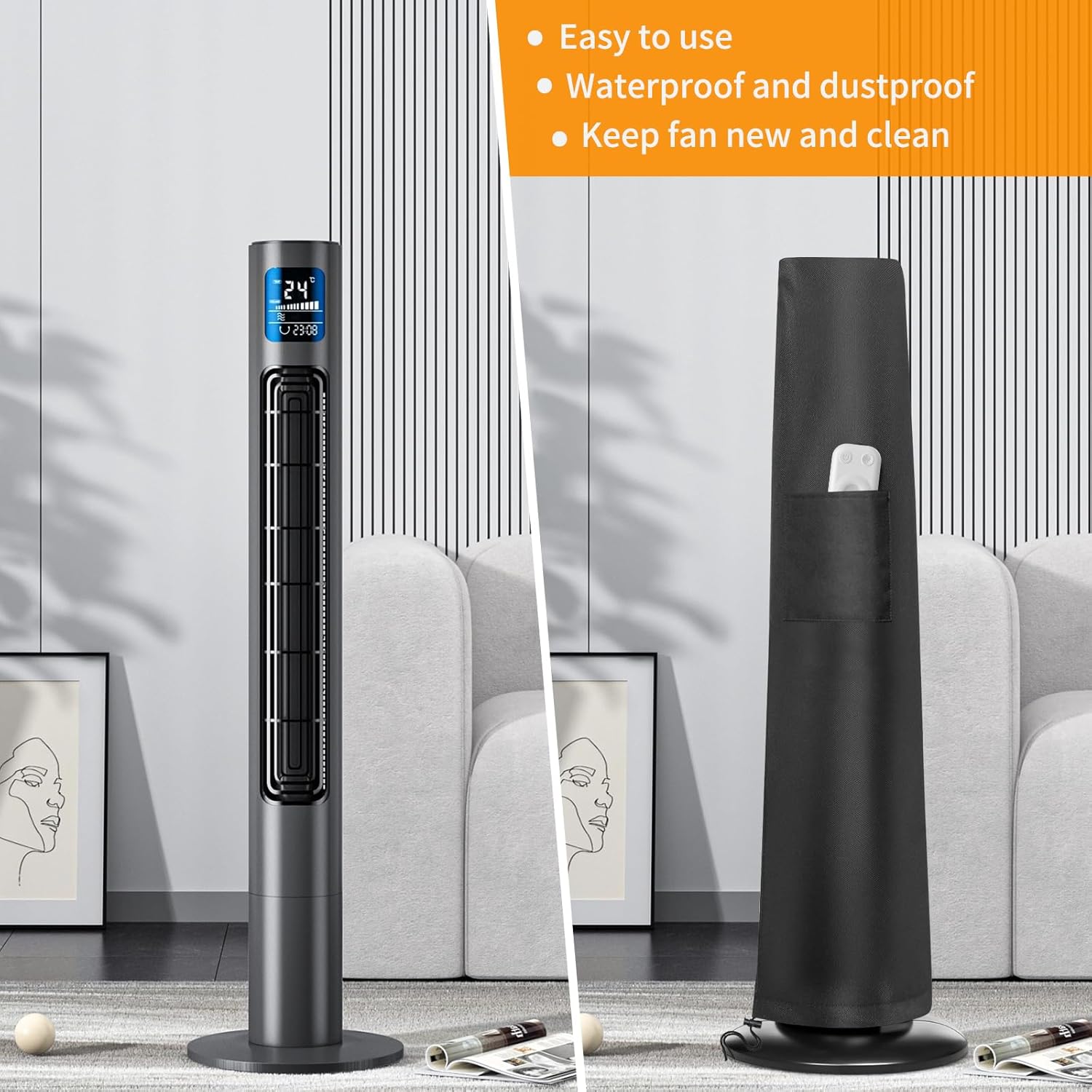 Waterproof Dustproof Fan Protective Cover with Pocket, Oscillating Tower Fan Covers with Remote Outdoor or Indoor Stand up Fan for Home Bedroom Office Fan Cover
