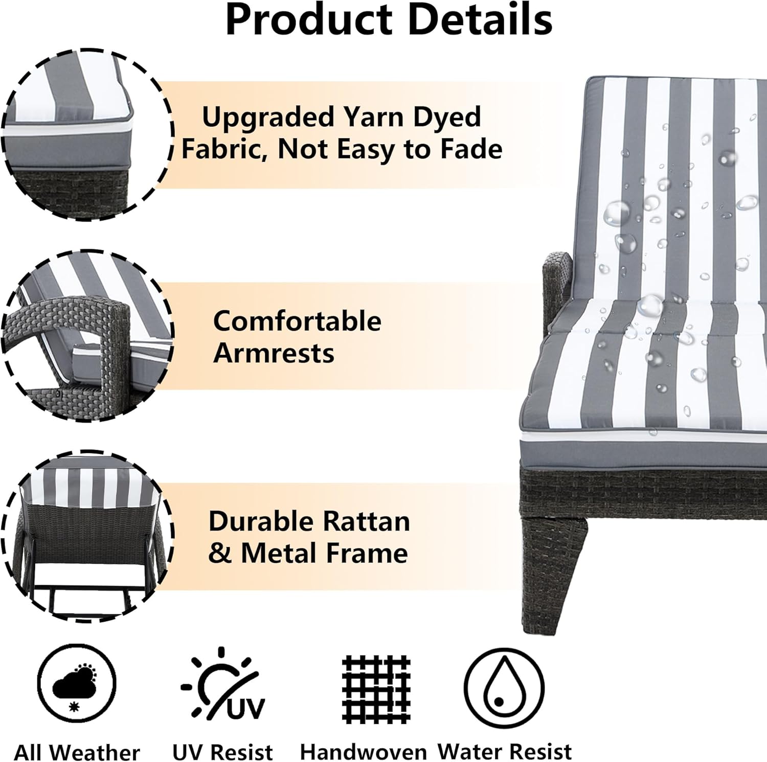 Chaise Lounge Chairs Set of 2, Upholstered 5-Positions Adjustable Pool Loungers