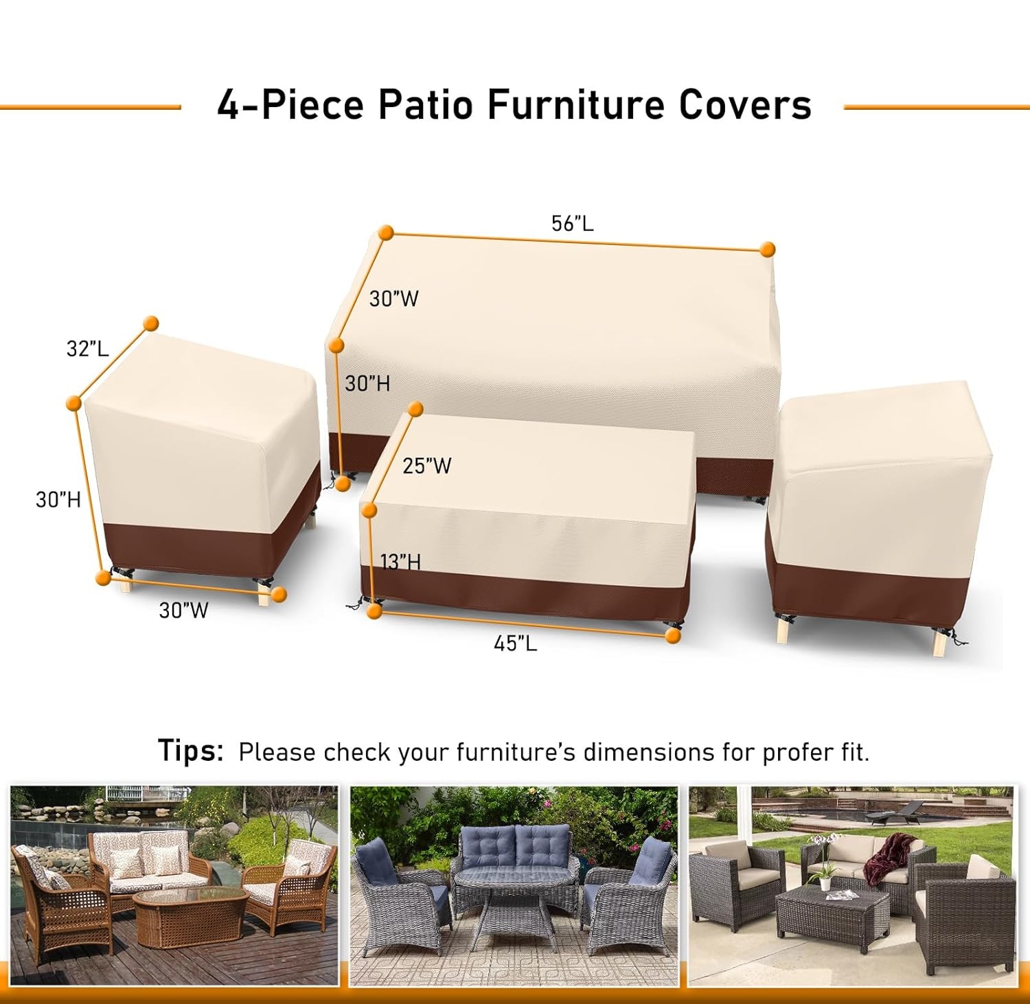 Outdoor Waterproof Patio Furniture Covers 4-Piece Set for Chairs, Loveseat and Coffee Table, Heavy Duty 600D