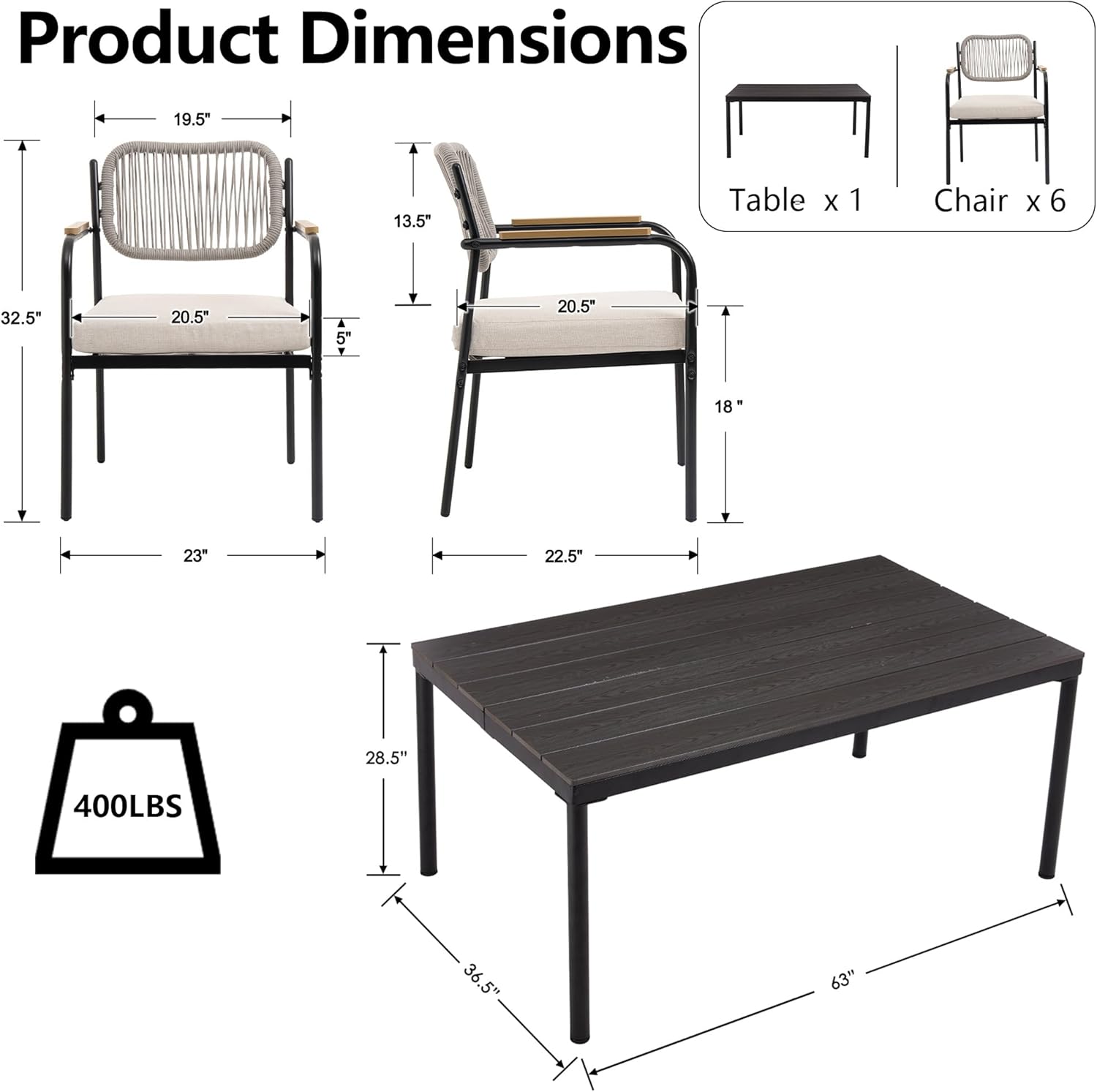 Wicker Outdoor Dining Set for 6, Upholstered 7 Piece Patio Dining Set with Armrests