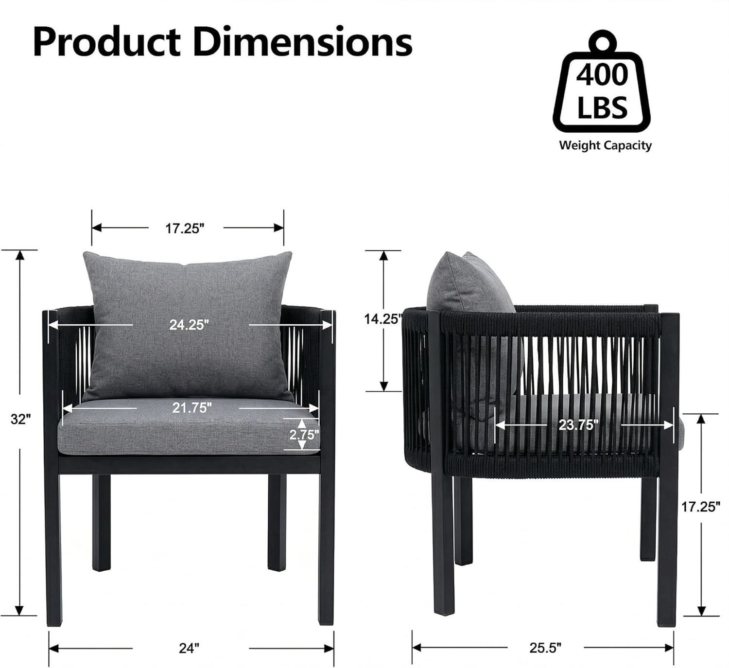 Rope Rattan Patio Furniture Set, All Weather Outdoor Dining Chairs with Cushions, Metal Barrel Dining Room Chair