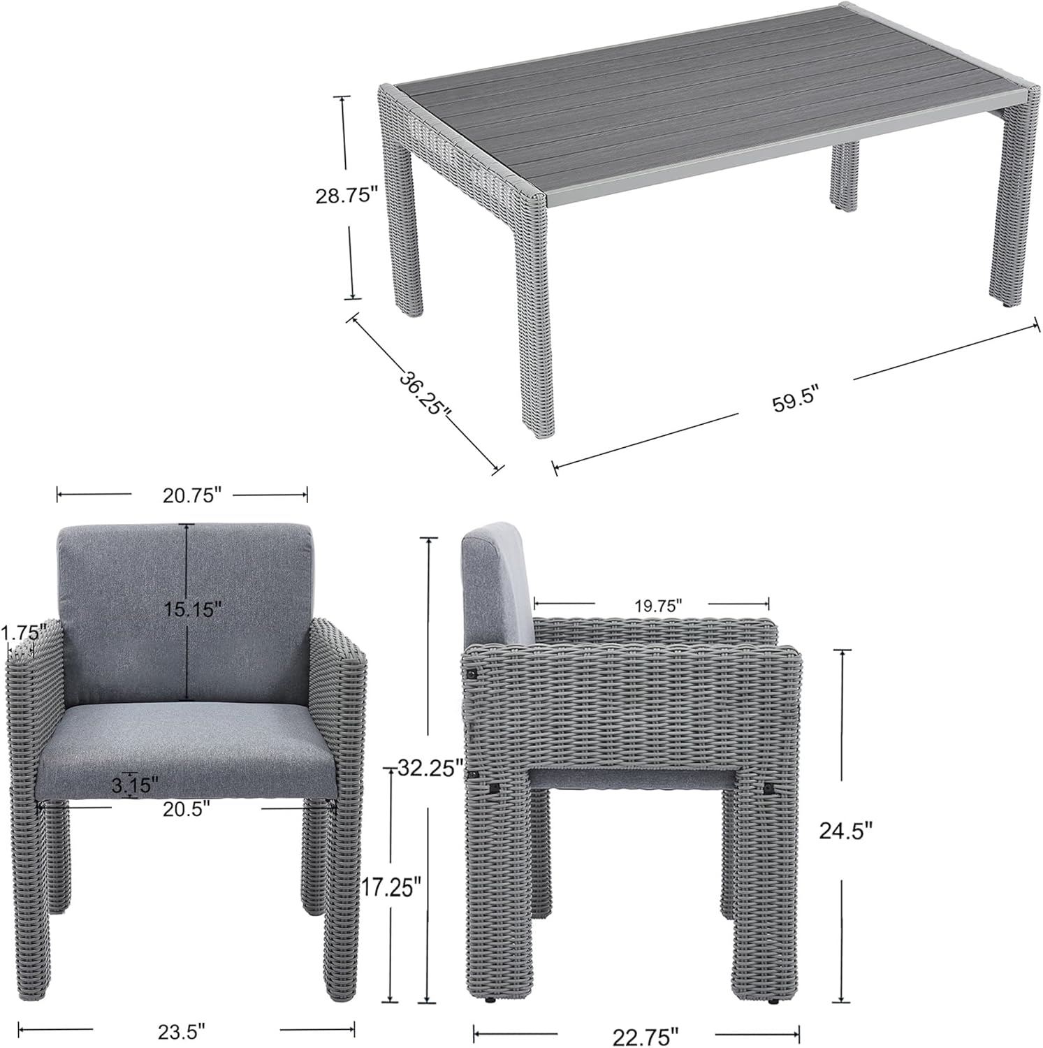 Rectangular Patio Table and Dining Chairs Set of 4, All Weather Outdoor Table and Chairs