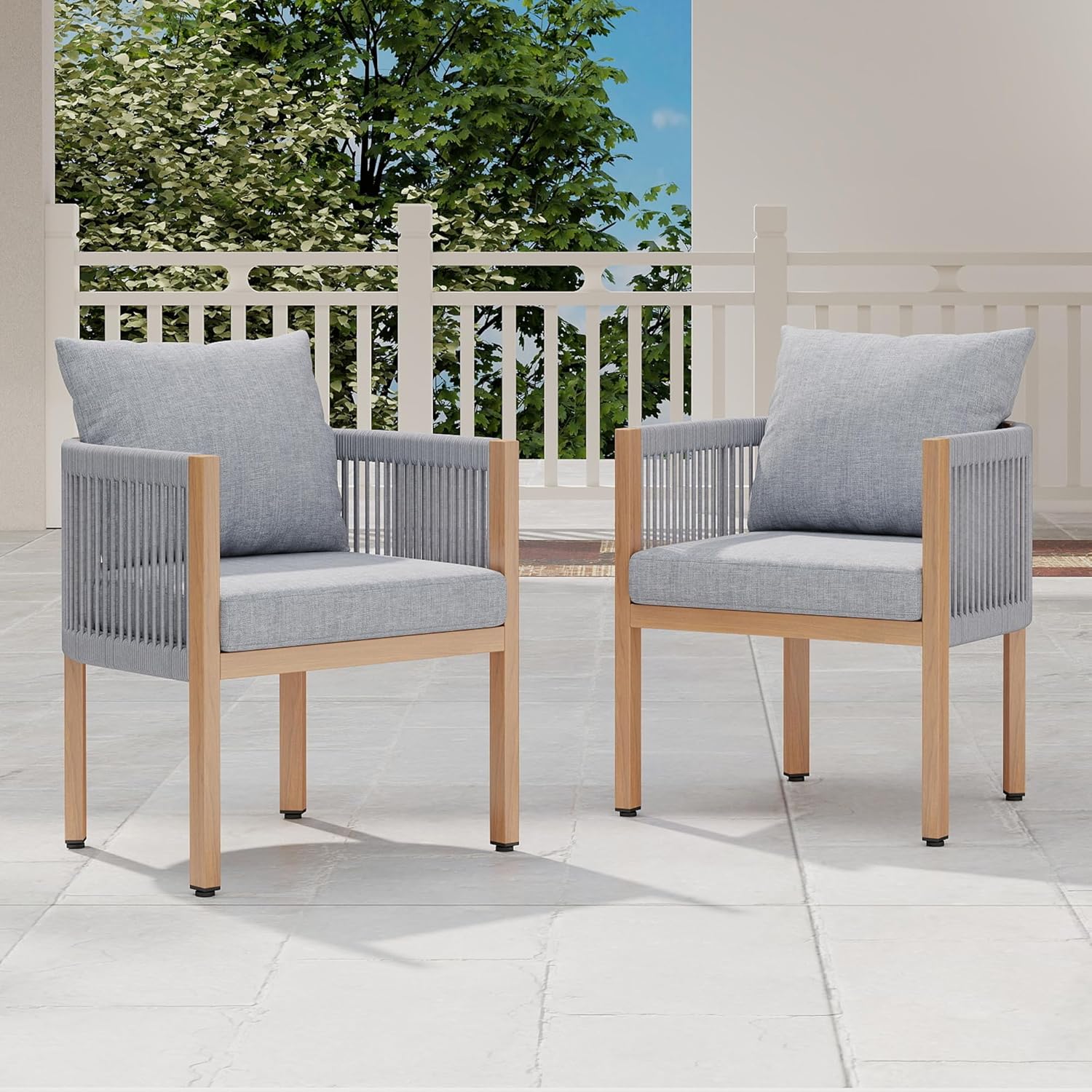 Rope Rattan Patio Furniture Set, All Weather Outdoor Dining Chairs with Cushions, Metal Barrel Dining Room Chair