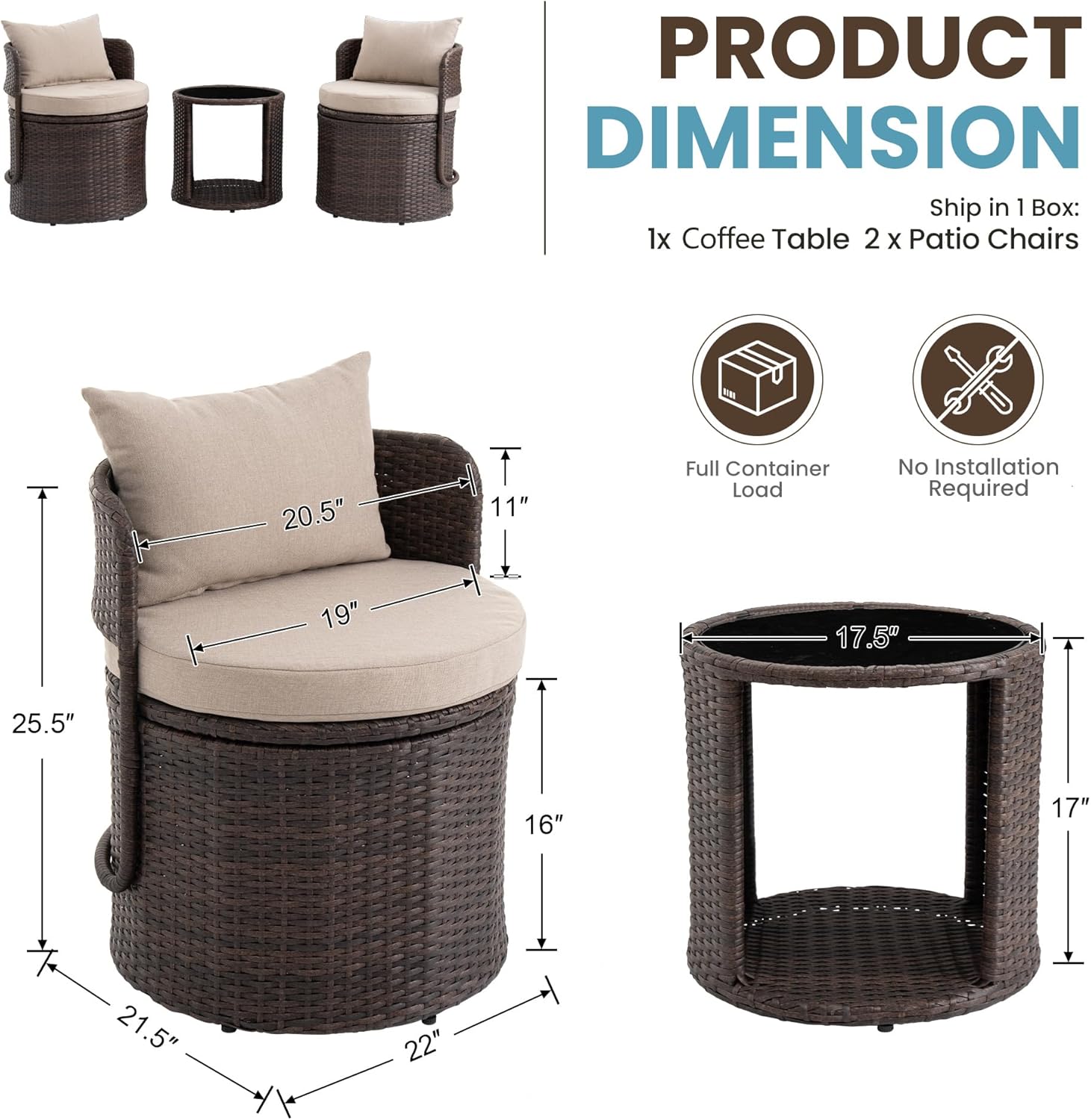 3 Piece Patio Bistro Set, Metal Patio Chairs with Coffee Table, Outdoor Furniture Set