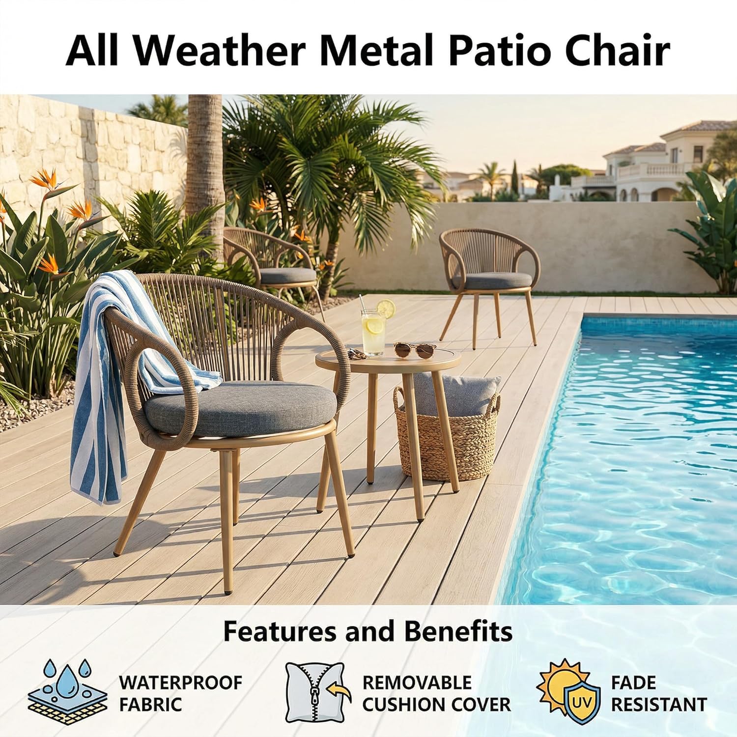 Outdoor Dining Chairs Set of 4, Patio Dining Chairs with Cushions, Metal Patio Chairs with Armrests