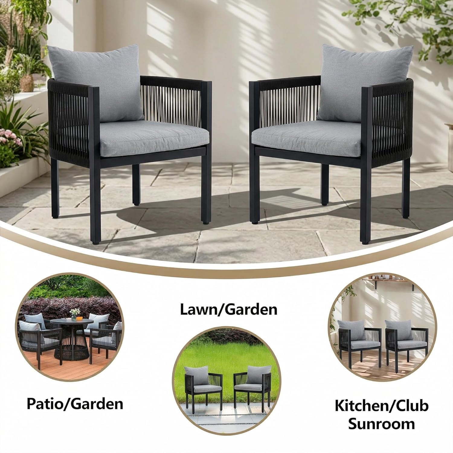 Rope Rattan Patio Furniture Set, All Weather Outdoor Dining Chairs with Cushions, Metal Barrel Dining Room Chair