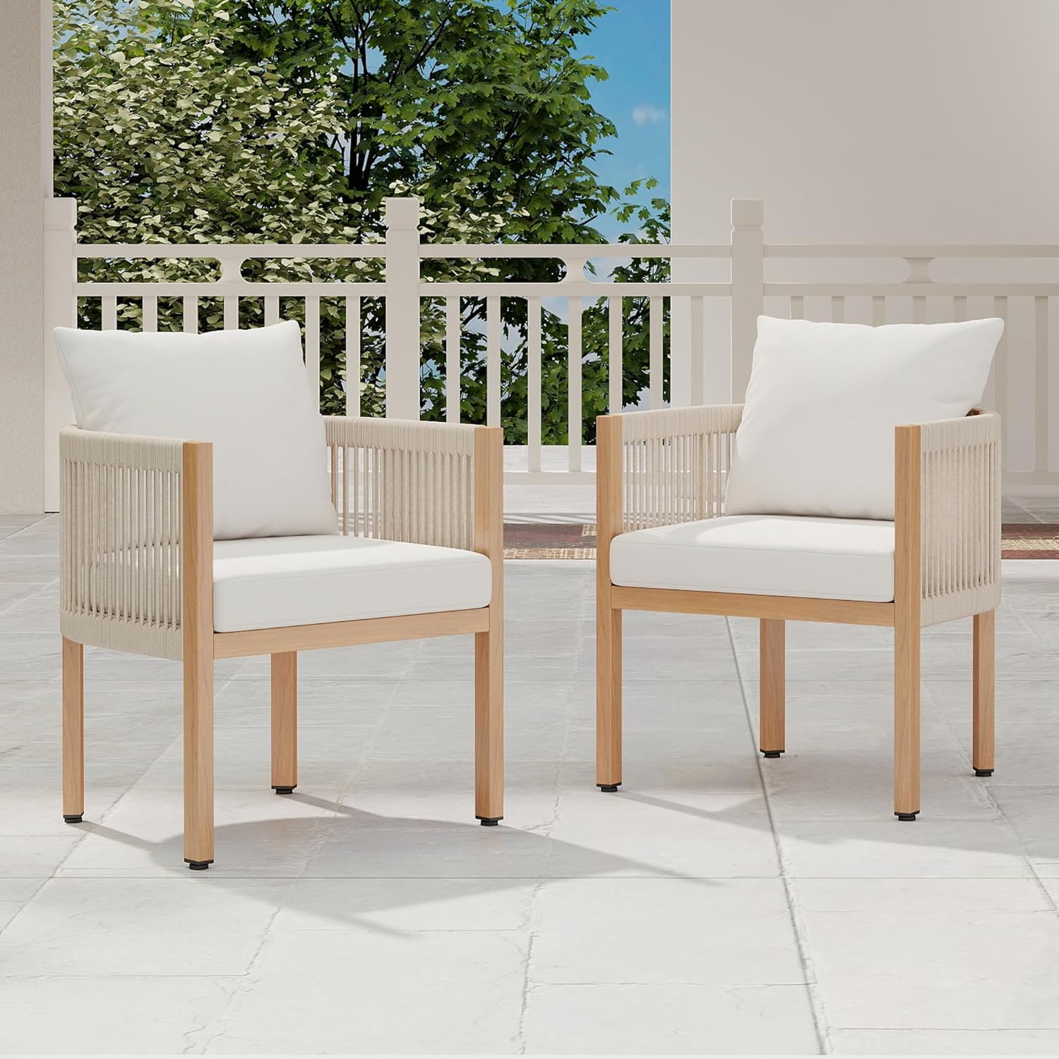 Rope Rattan Patio Furniture Set, All Weather Outdoor Dining Chairs with Cushions, Metal Barrel Dining Room Chair