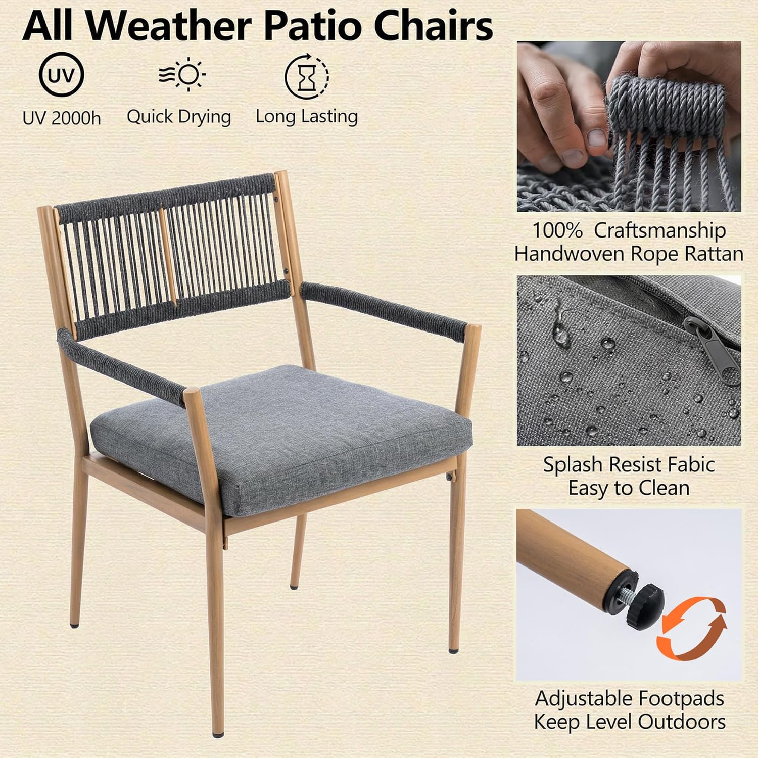 Outdoor Dining Chairs Set of 6, Patio Dining Chairs with Cushions, Metal Patio Chairs with Armrests