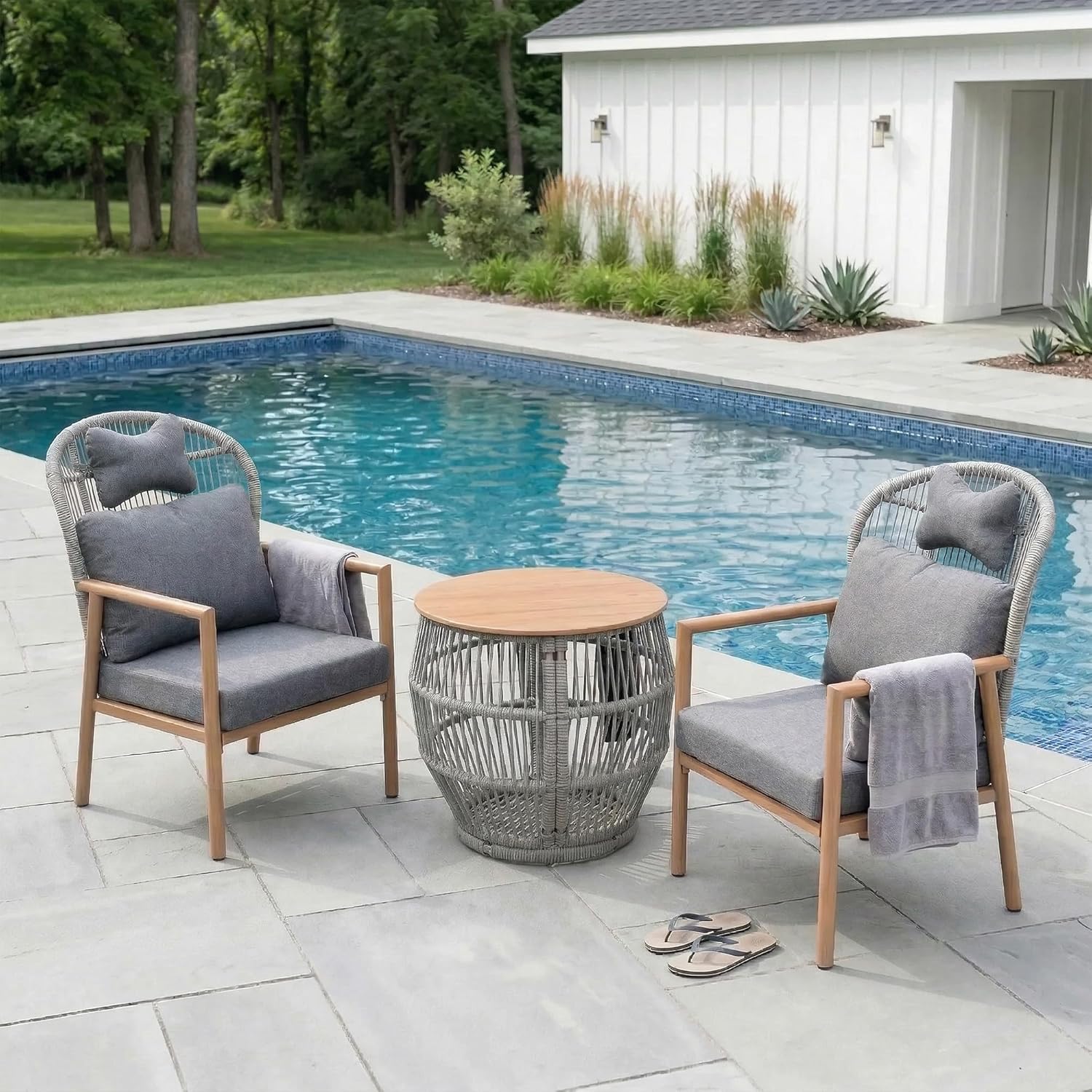 3 Piece Patio Bistro Set, Metal Bistro Table and Chairs Set of 2, Rattan Outdoor Furniture Set