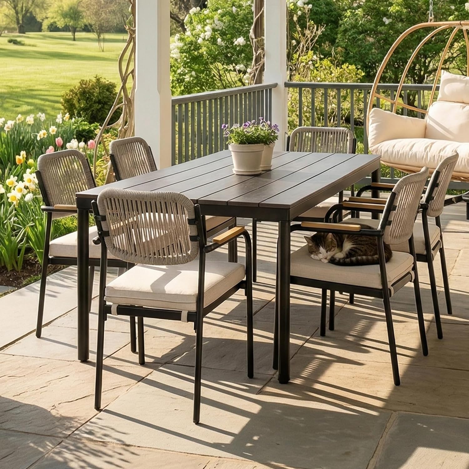 Wicker Outdoor Dining Set for 6, Upholstered 7 Piece Patio Dining Set with Armrests