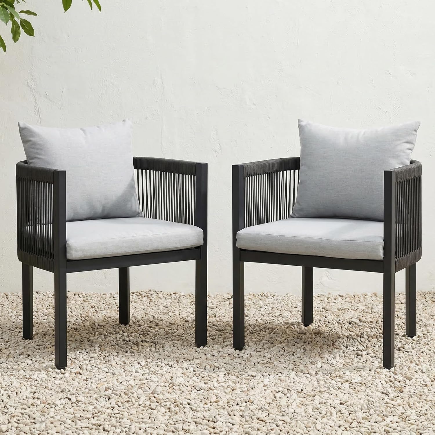 Rope Rattan Patio Furniture Set, All Weather Outdoor Dining Chairs with Cushions, Metal Barrel Dining Room Chair