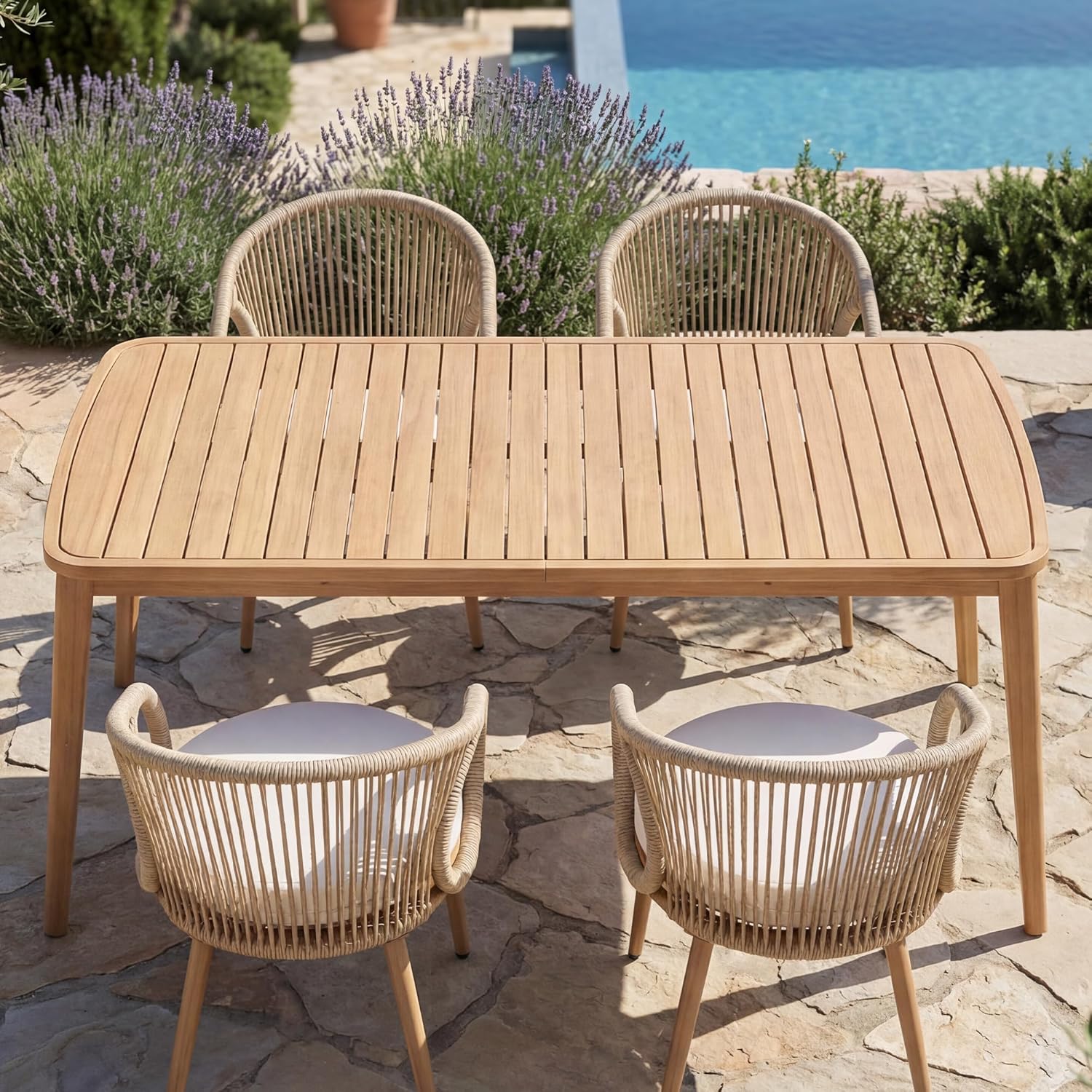 Outdoor Extendable Dining Table, Weather-Resistant Wood Patio Dining Table for 6-8 Person