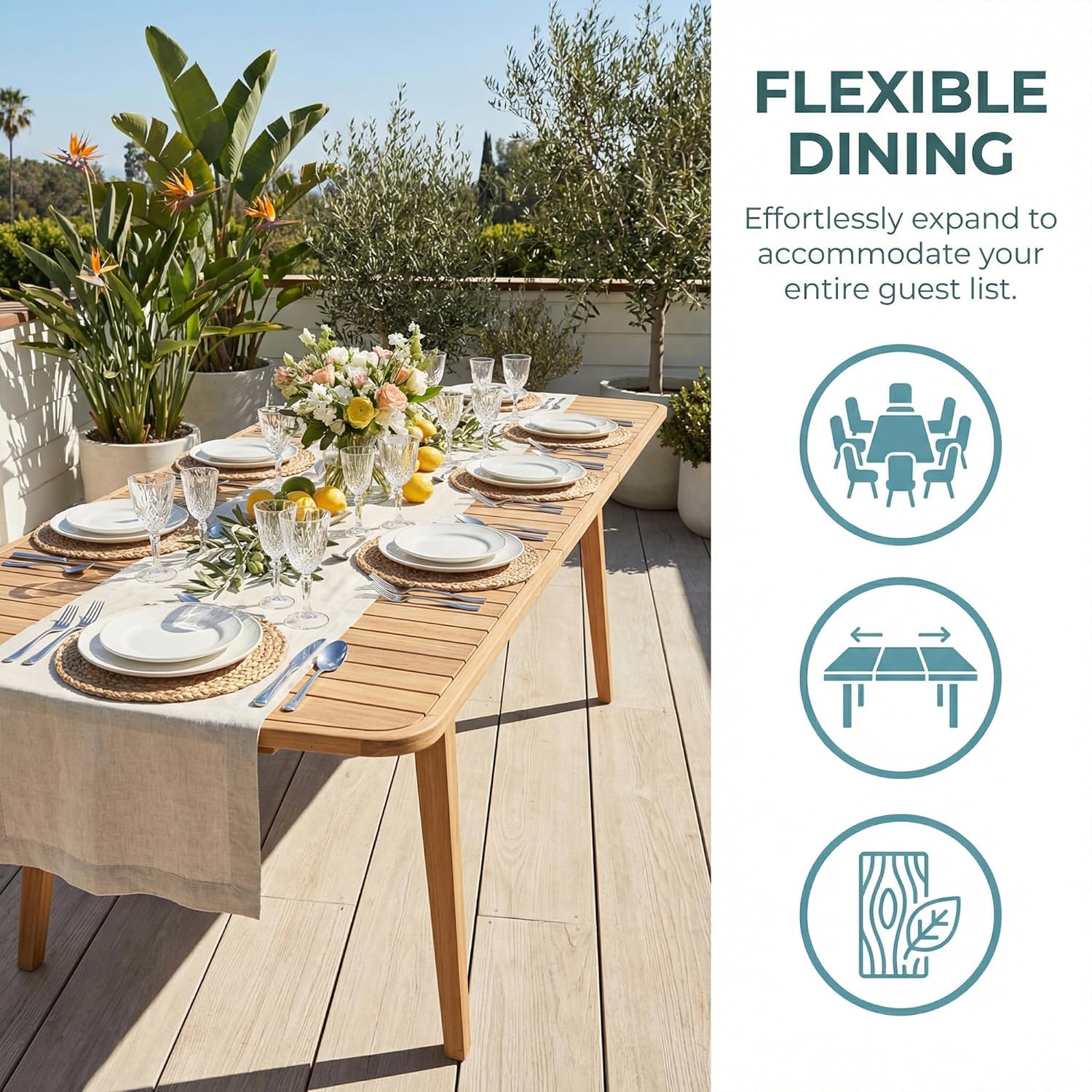 Outdoor Extendable Dining Table, Weather-Resistant Wood Patio Dining Table for 6-8 Person