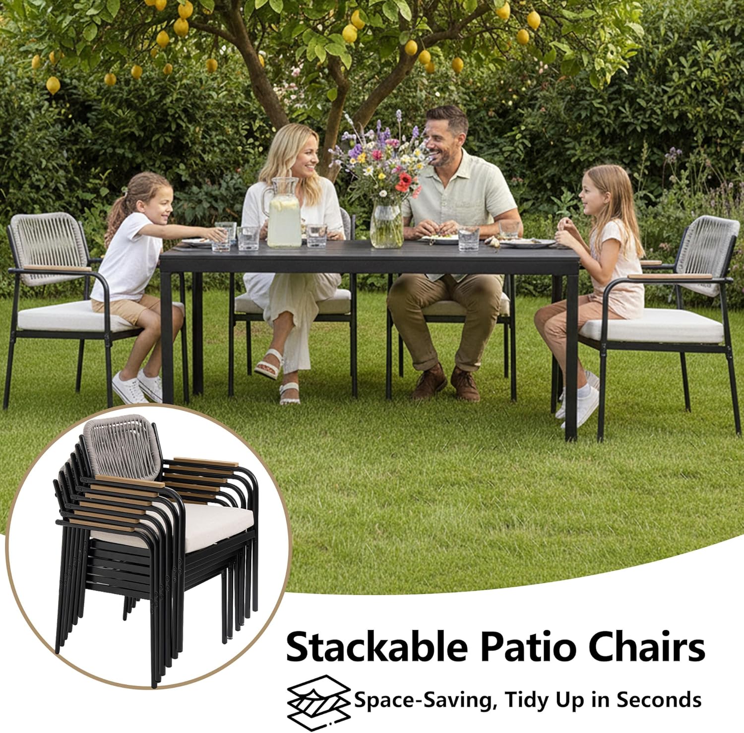 Set of 2 Wicker Patio Dining Chairs with Removable Cushions, Rectangle Patio Table Chair, All Weather Outdoor Chairs