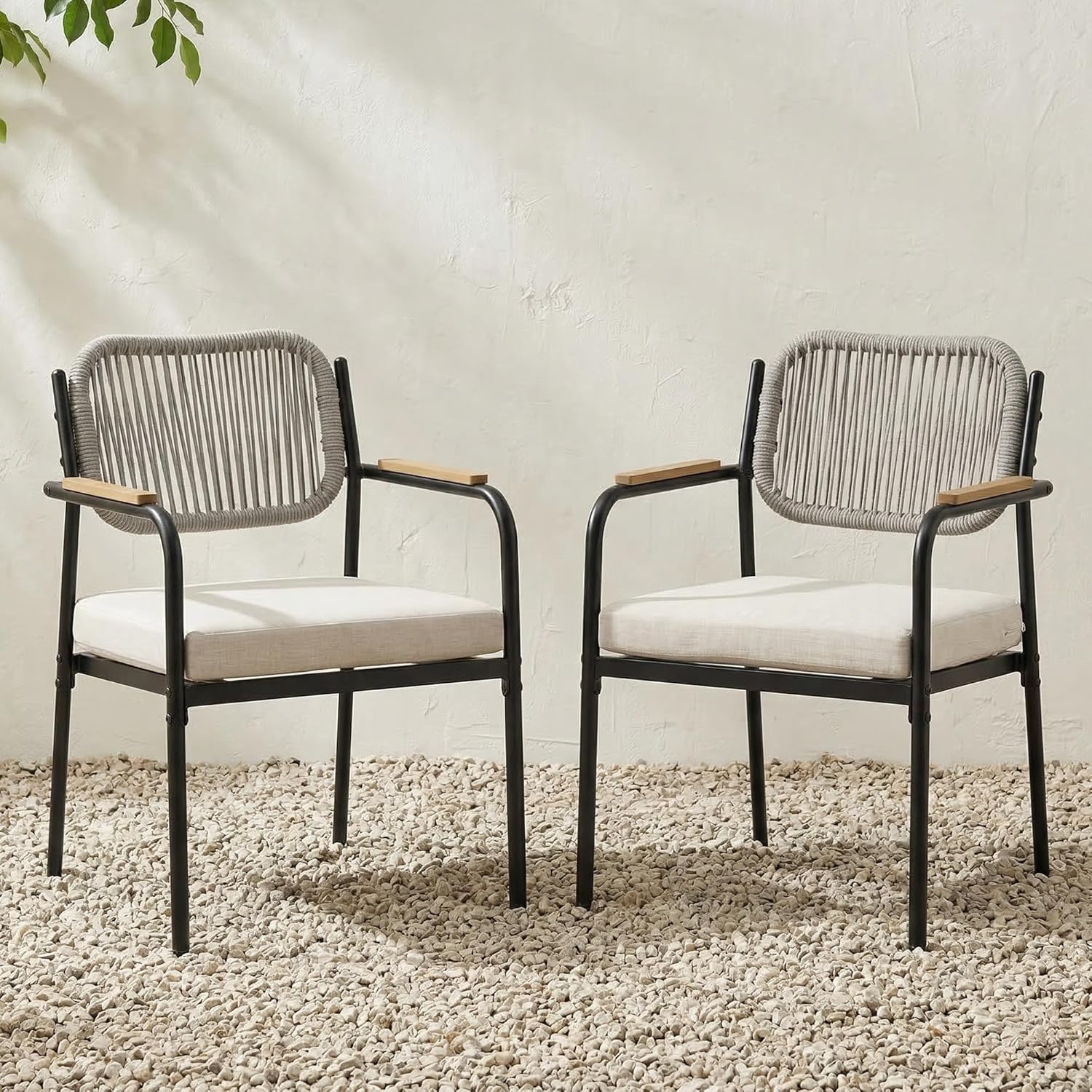 Set of 2 Wicker Patio Dining Chairs with Removable Cushions, Rectangle Patio Table Chair, All Weather Outdoor Chairs