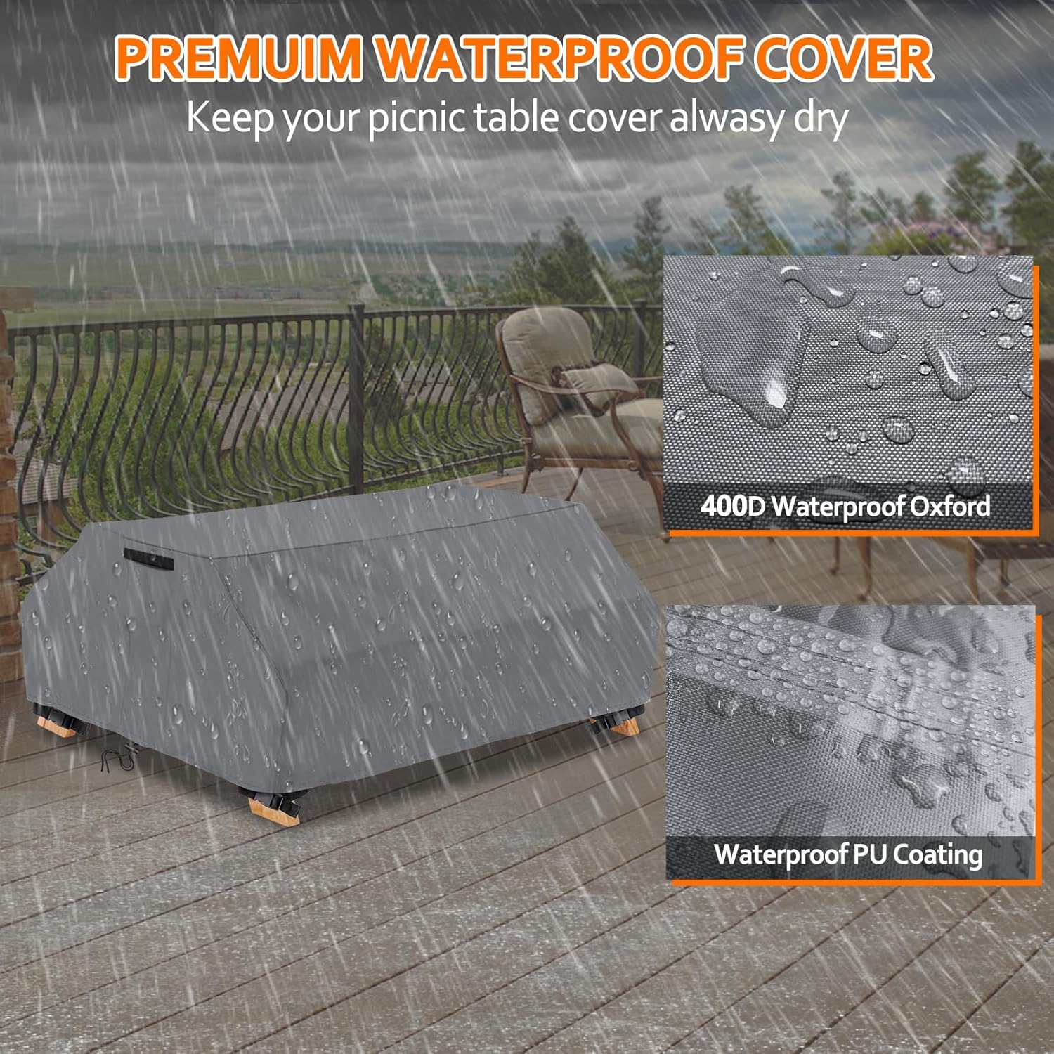 Waterproof Picnic Table Cover Outdoor Patio Bench Covers for 8 ft Picnic Table Bench Set Windproof 96 Inch