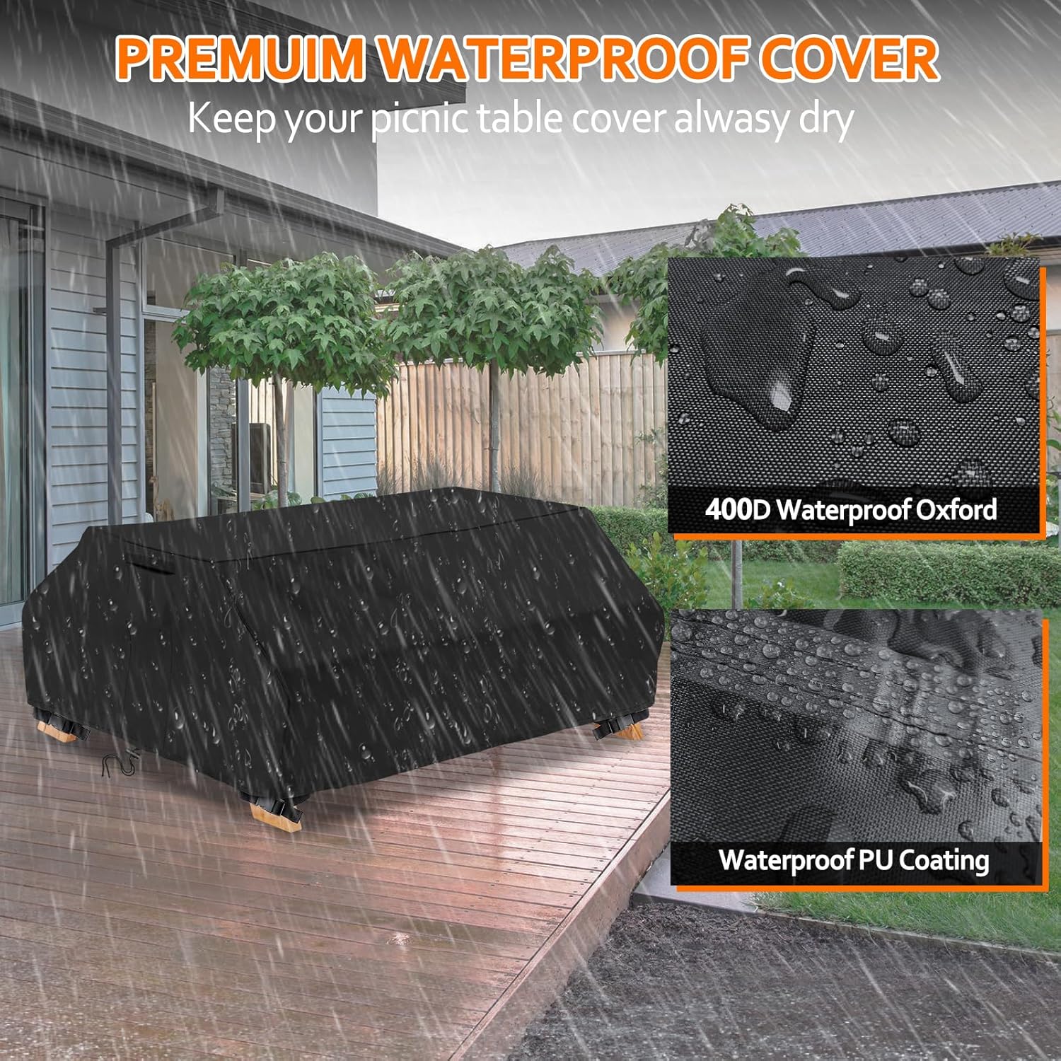 Waterproof Picnic Table Cover Outdoor Patio Bench Covers for 6 ft Picnic Table Bench Set Windproof 70 / 72 Inch Black