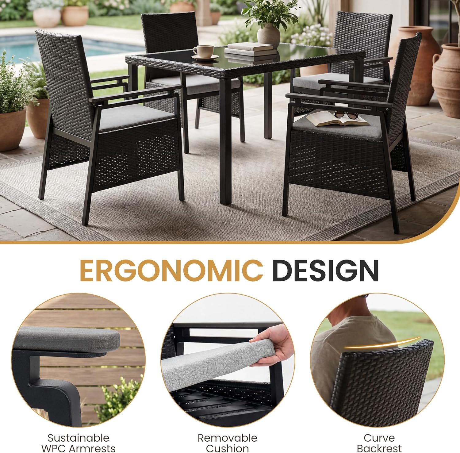 Aluminum Outdoor Dining Chairs Set of 4, Rattan Patio Furniture Set