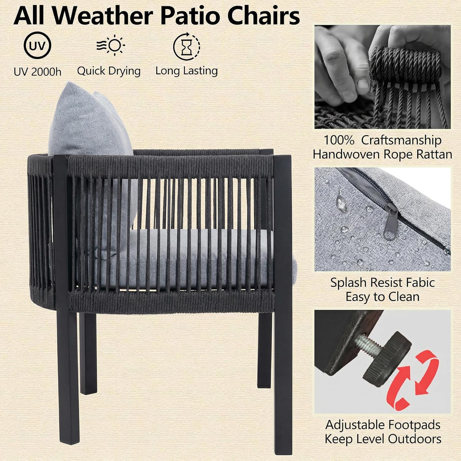 Rope Rattan Patio Furniture Set, All Weather Outdoor Dining Chairs with Cushions, Metal Barrel Dining Room Chair