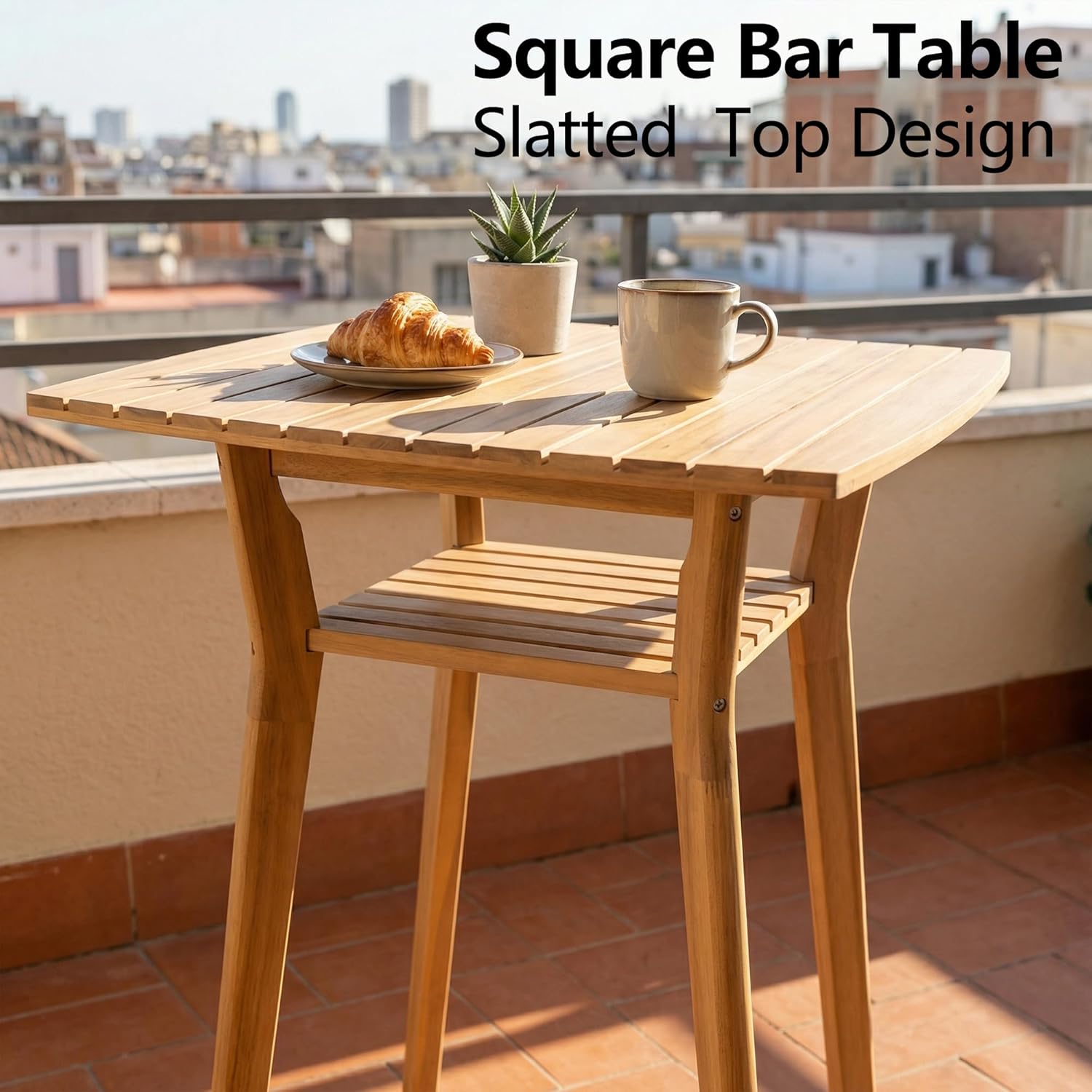 3 Piece Outdoor Patio Bar Set, Modern Patio Furniture Set, Acacia Counter Height Barstools