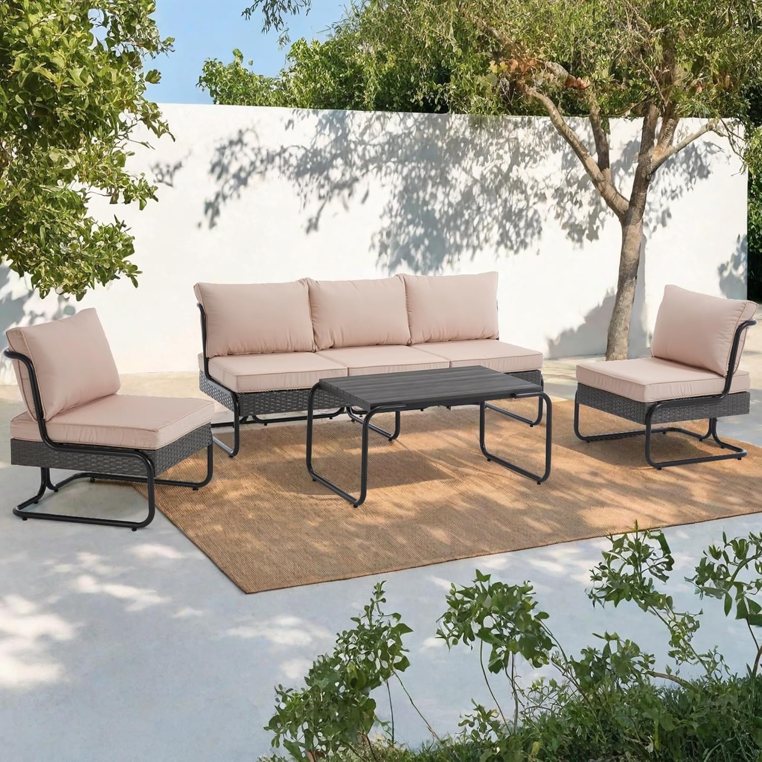 4 Piece Patio Furniture Set, Modern Patio Conversation Set for 5, All Weather Bistro Furniture Set